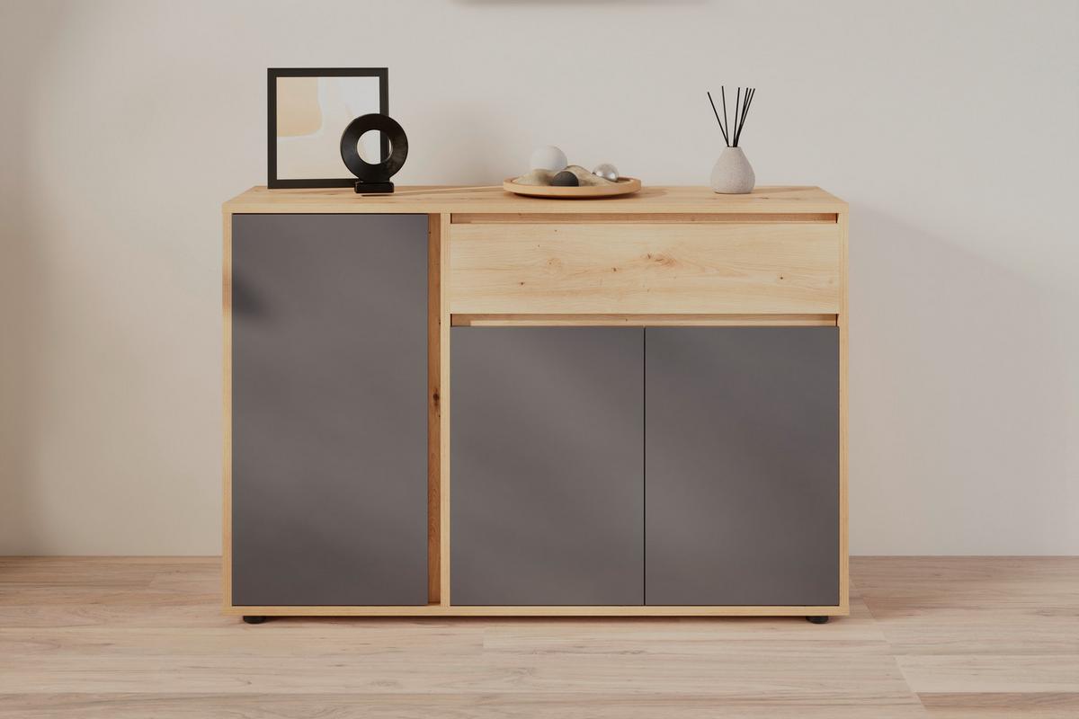 Široka Komoda Caneva, Barva Hrasta, Antracit - črna/antracit, Moderno, umetna masa/leseni material (128/86/40,3cm) - Modern Living