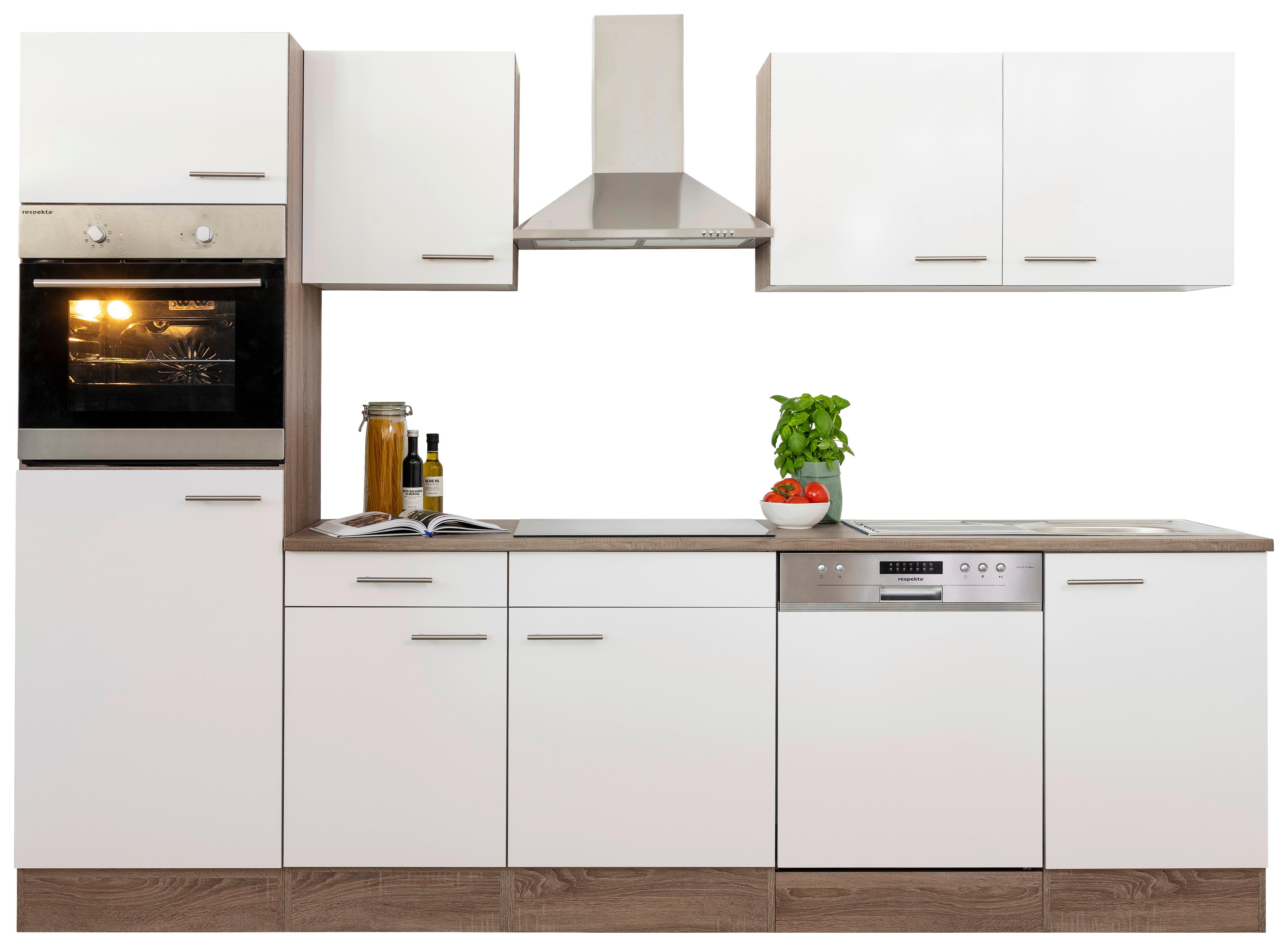 Küchenzeile mit Geräte Weiß /Eiche Dekor B: ca. 280 cm - Edelstahlfarben/Eichefarben, Design, Holzwerkstoff/Metall (280cm) - Respekta