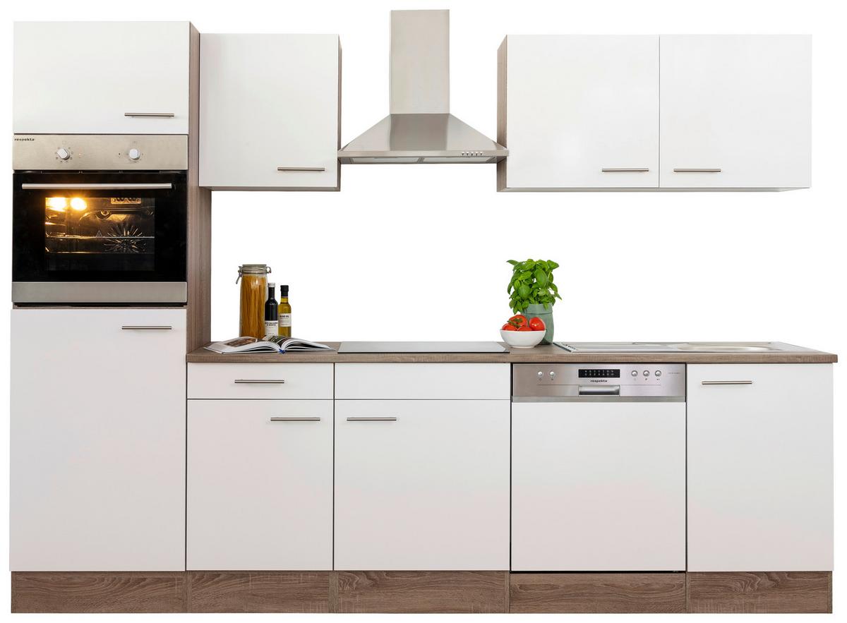 Küchenzeile mit Geräte Weiß /Eiche Dekor B: ca. 280 cm - Edelstahlfarben/Eichefarben, Design, Holzwerkstoff/Metall (280cm) - Respekta