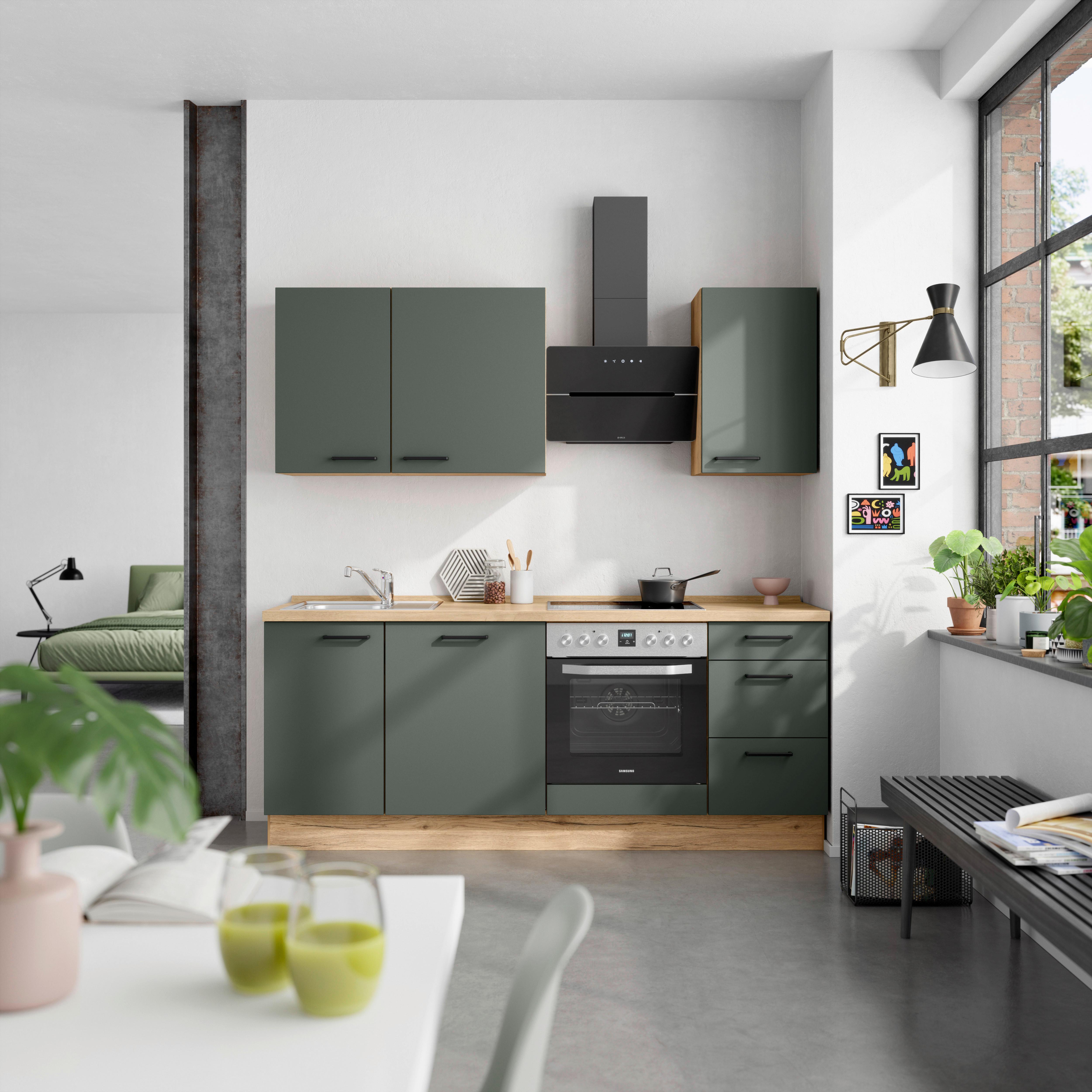Küchenblock Easytouch High m. Geräten Dunkelgrün - Dunkelgrün/Eichefarben, MODERN, Holzwerkstoff/Metall (210cm) - Nobilia