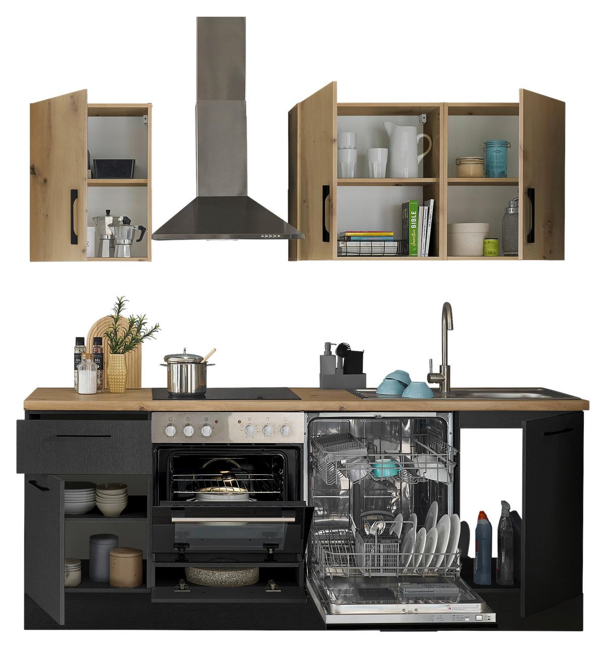 Küchenblock Turin o. Geräte Eiche/Artisan - Schwarz/Eiche Artisan, MODERN, Holzwerkstoff/Metall (220cm)