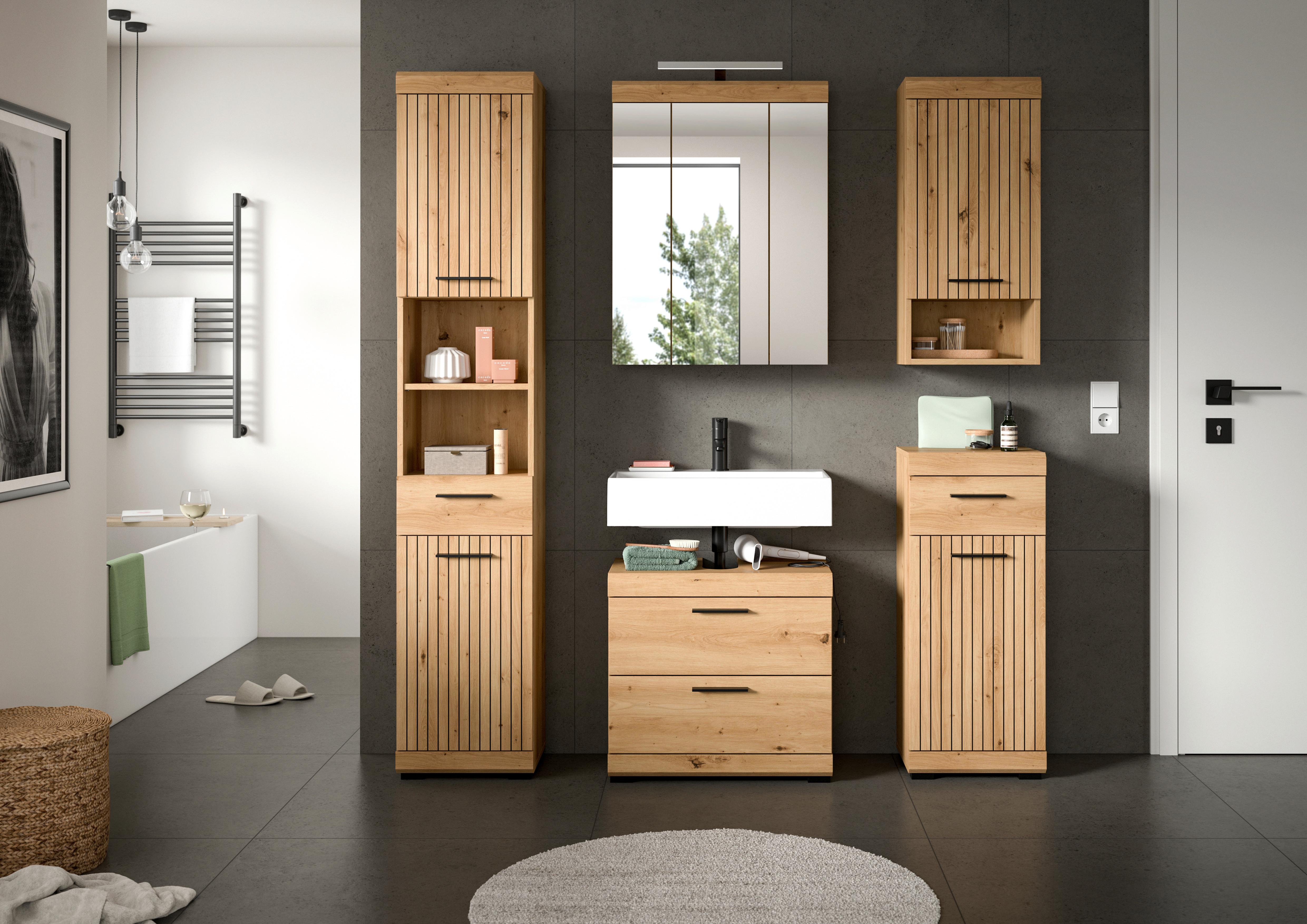 Badezimmer Scout Eiche Artisan 5-teilig - Schwarz/Eiche Artisan, Trend, Glas/Holzwerkstoff (134cm) - MID.YOU