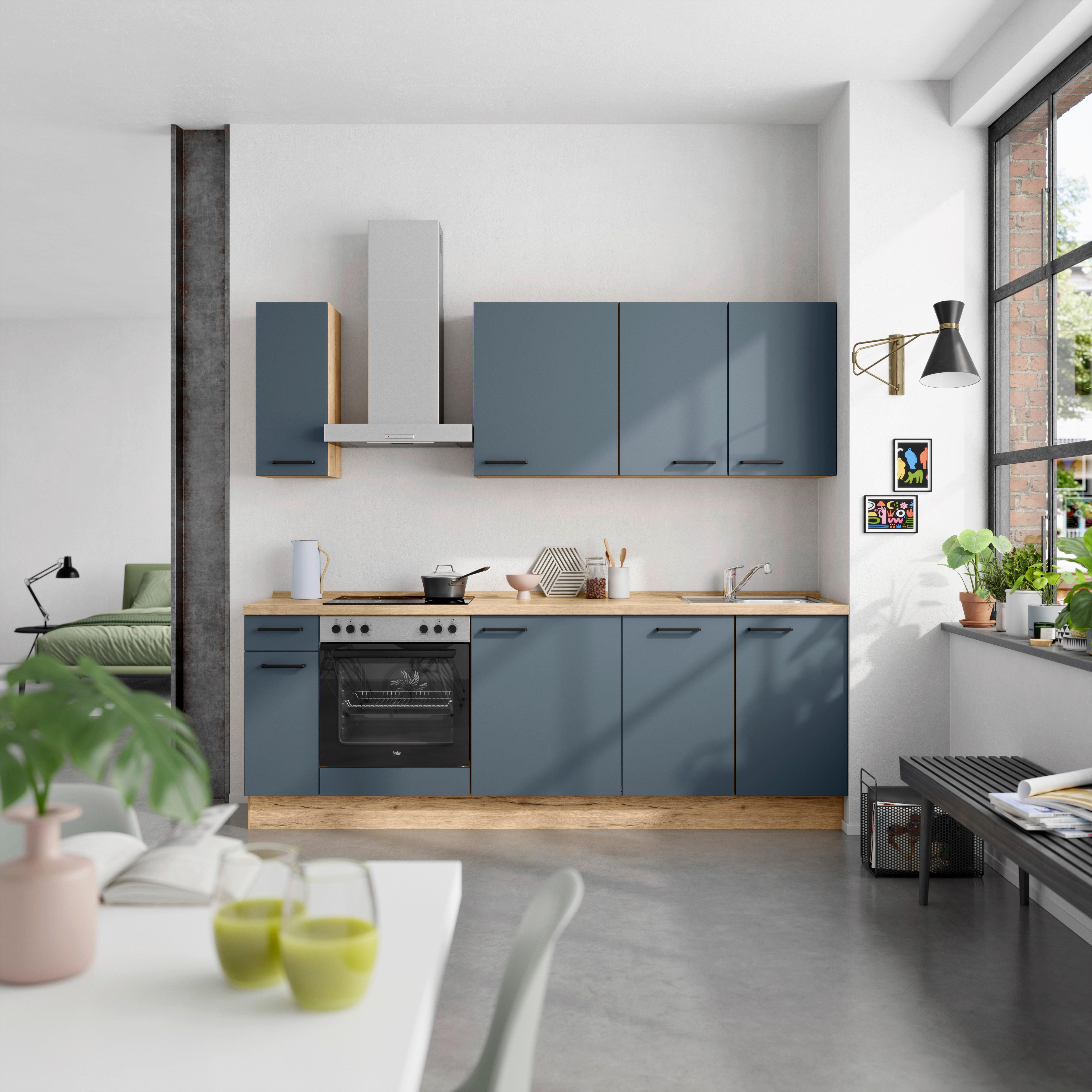 Küchenblock Easytouch Low m. Geräten Dunkelblau - Eichefarben/Schwarz, MODERN, Holzwerkstoff/Metall (240cm) - Nobilia