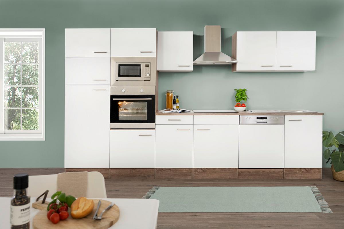Küchenblock mit Geräten Weiß/Eichefarben B: ca. 340 cm - Eichefarben/Weiß, Design, Holzwerkstoff/Metall (340cm) - Respekta
