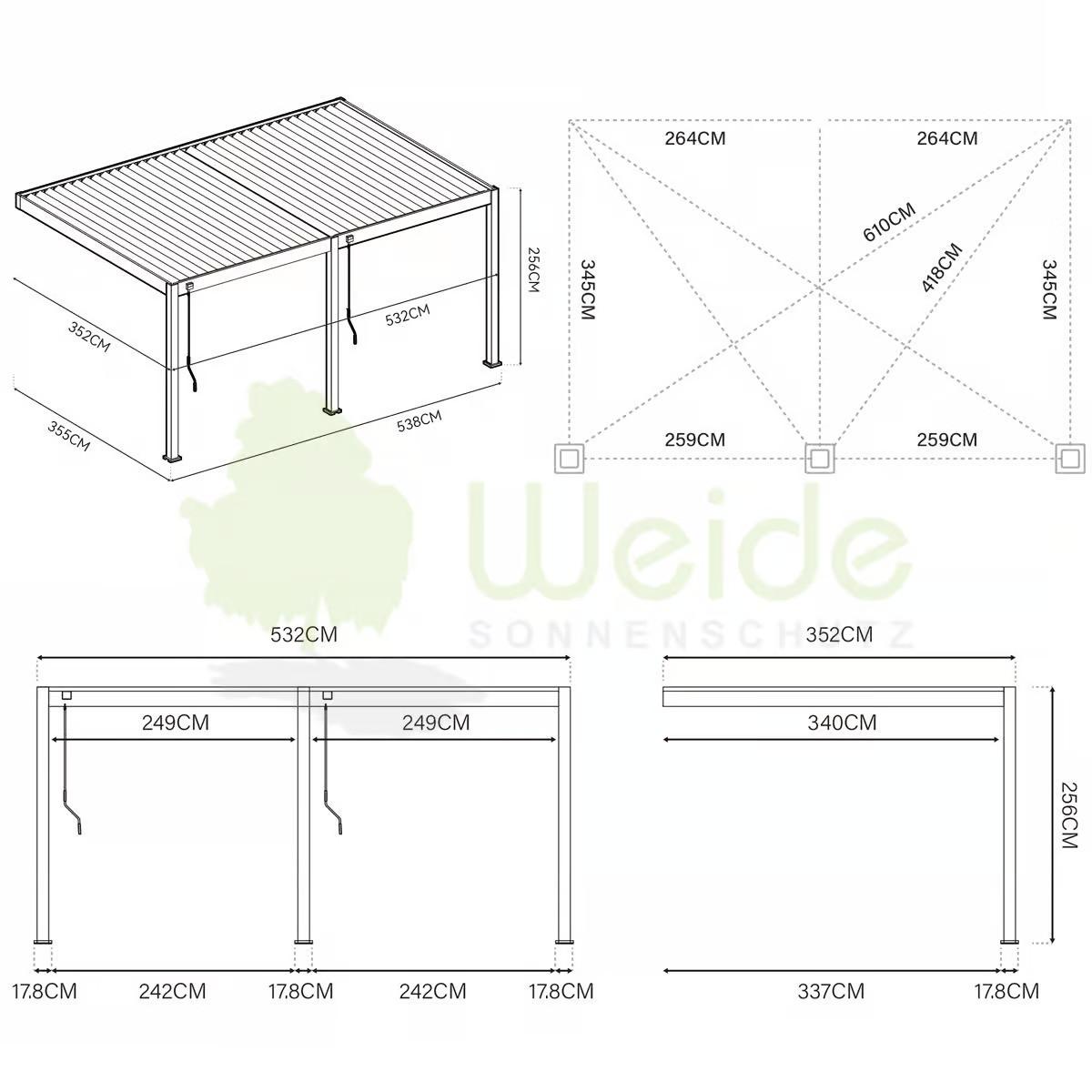 PERGOLA DELUXE 3,6X5,3M WEISS - Weiss, Basics, Metall (530/255/360cm) - Gardenson