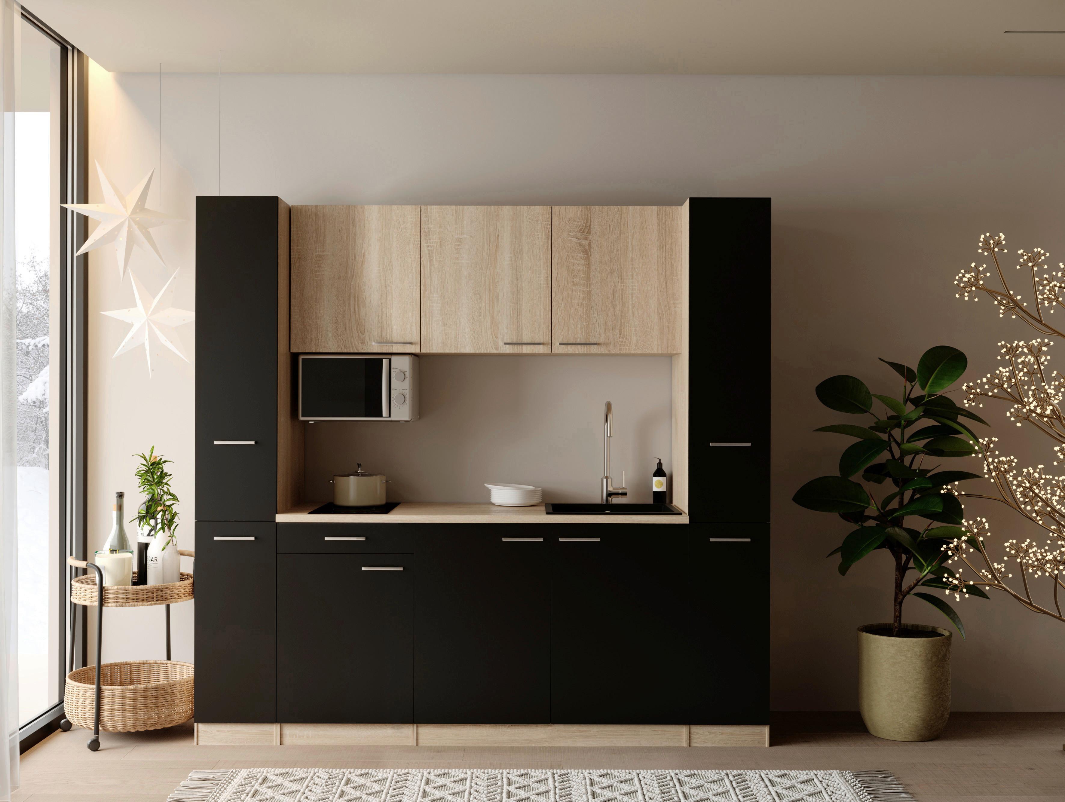 Küchenblock Ingrid m. Geräten Schwarz - Eichefarben/Schwarz, Design, Holzwerkstoff/Kunststoff (210cm) - Respekta