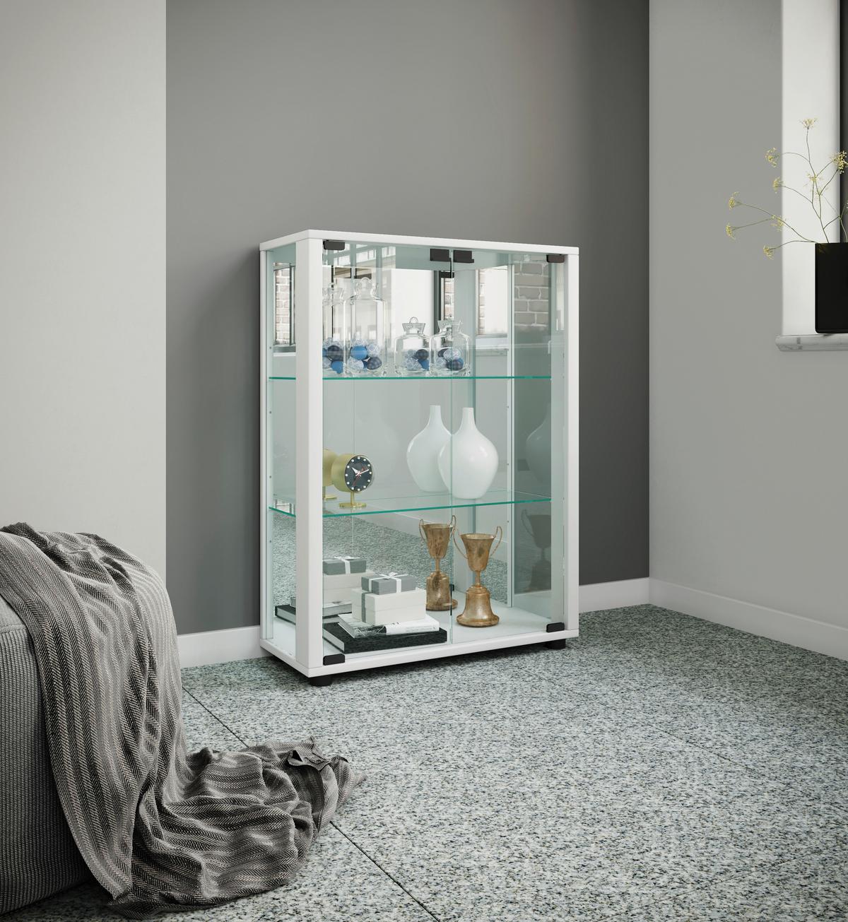 Vitrine Sintalo mit LED ca. 60x80 cm Weiß - Schwarz/Weiß, MODERN, Glas/Holzwerkstoff (60/80/25cm) - MID.YOU