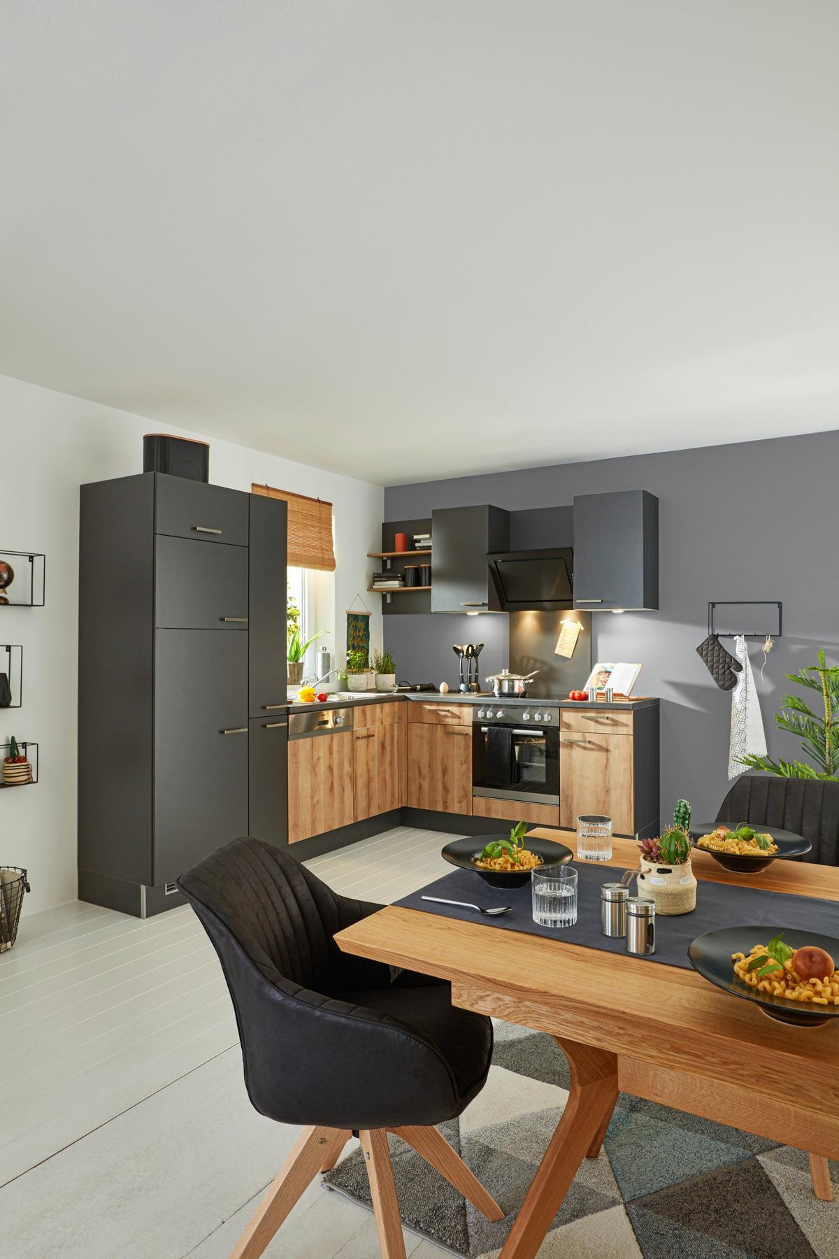 Eckküche inkl. 4 E-Geräte PN100/80 - Eichefarben/Dunkelgrau, MODERN, Holzwerkstoff (265/215cm) - Pino