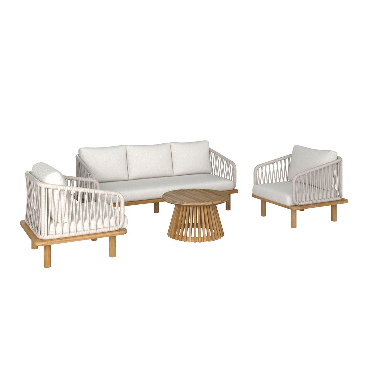 Loungegarnitur Mara Creme Echtholz/Textil/Metall - Weiss/Teakfarben, Modern, Holz/Textil (165/62,5/70cm) - Bessagi Garden