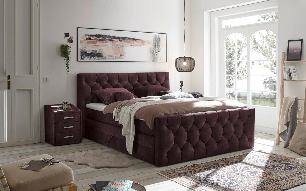 Boxspringbett Cashfield 8 ca. 180x200 cm Aubergine - Aubergine/Schwarz, MODERN, Holzwerkstoff/Kunststoff (180/200cm) - MID.YOU