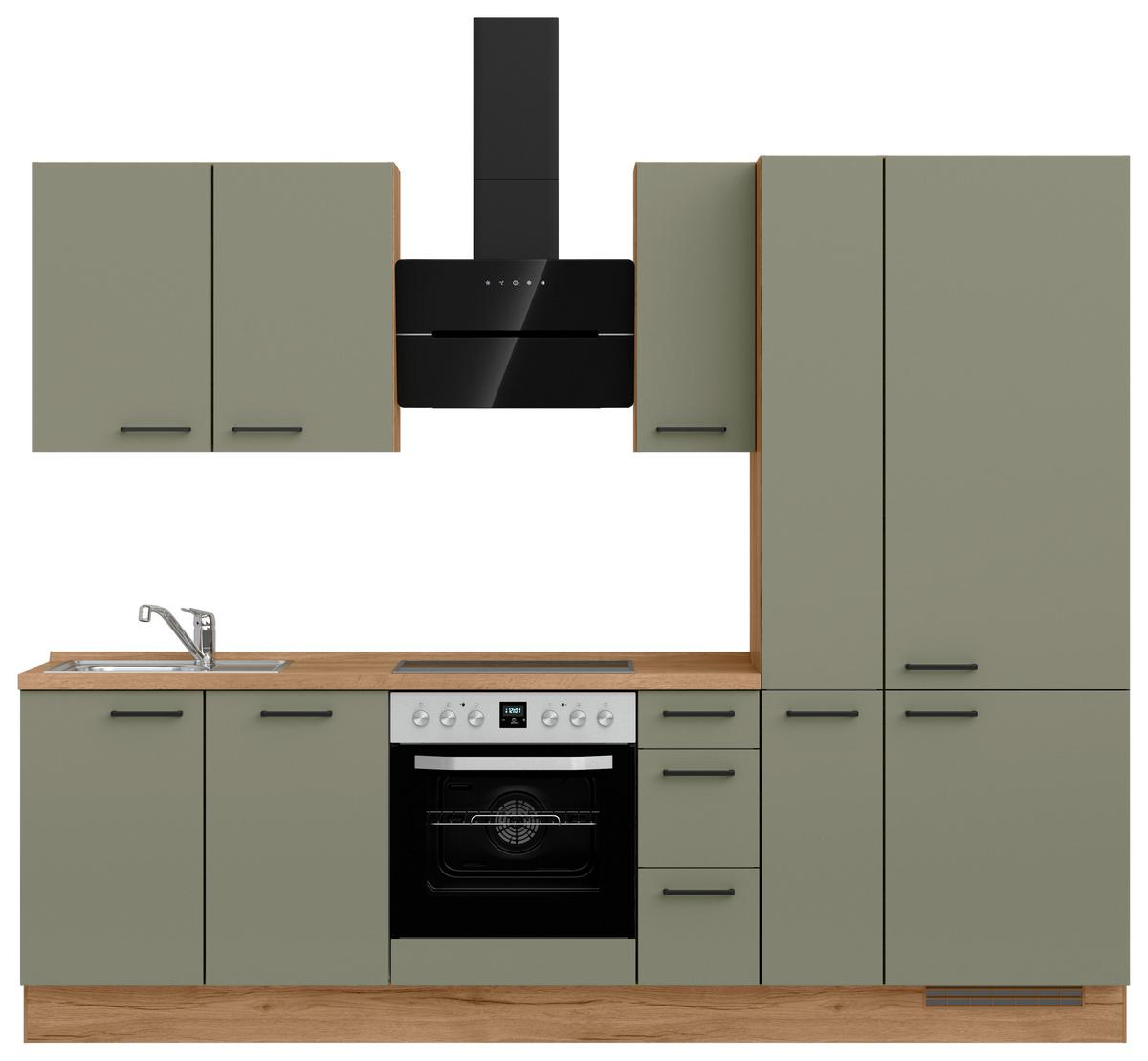 Küchenleerblock Senso High o. Geräte Olivgrün - Eichefarben/Schwarz, ROMANTIK / LANDHAUS, Holzwerkstoff/Metall (270cm) - Nobilia