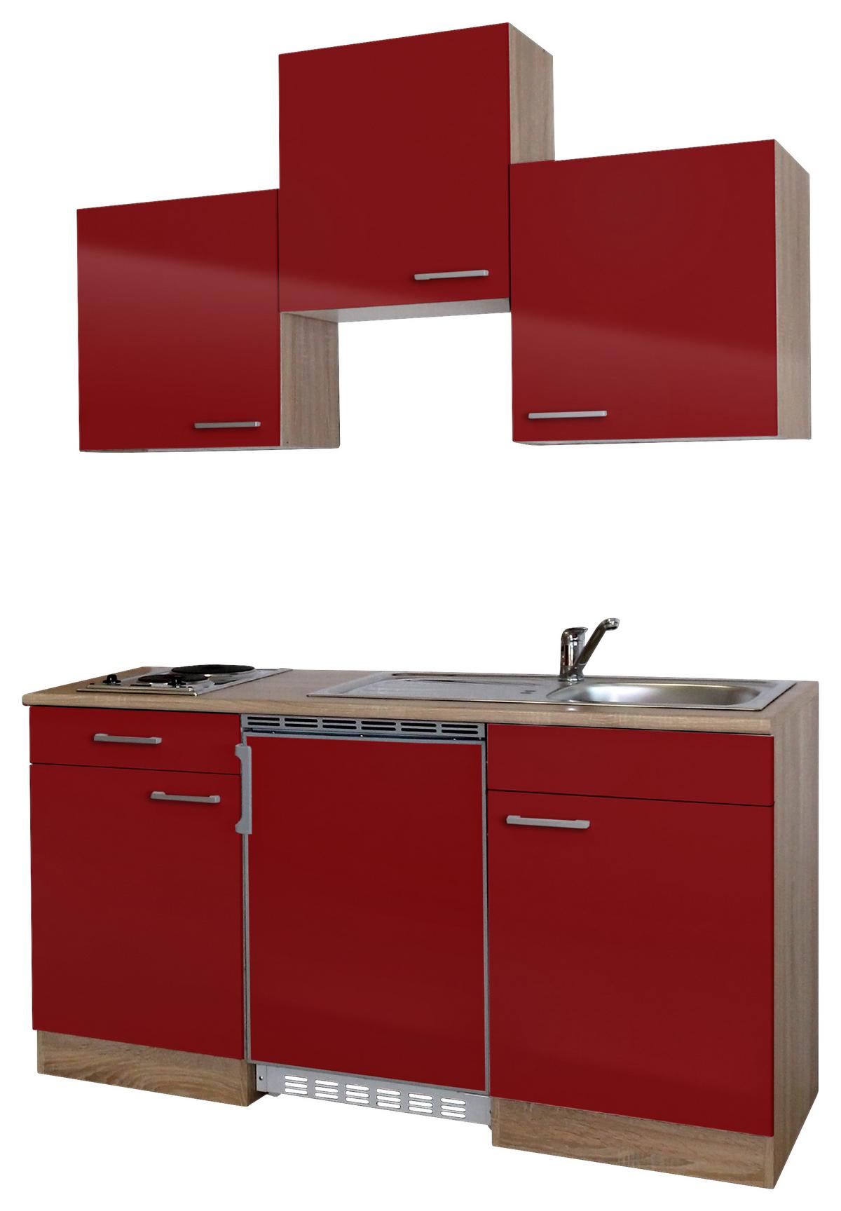 Miniküche Economy m. Geräten B: ca. 150cm Rot/Eichefarben - Rot, Basics, Holzwerkstoff (150cm) - Respekta