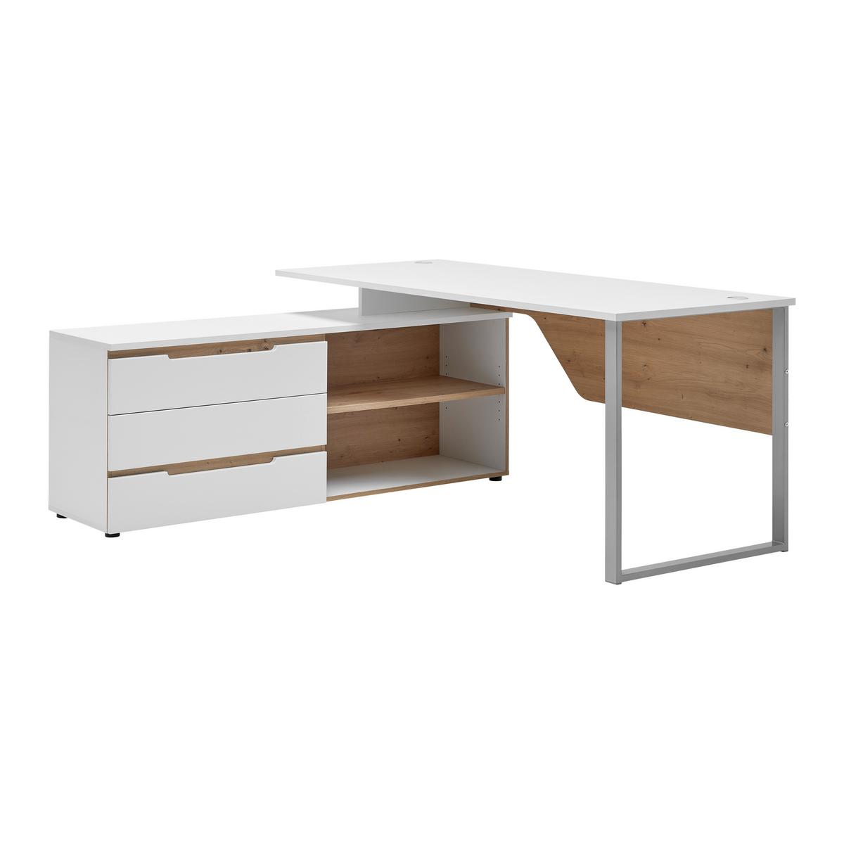 Eckschreibtisch Dallas Silber/Weiss/Eiche Artisan - Weiss/Silberfarben, Modern, Holzwerkstoff/Metall (180/77/160cm) - Mömax