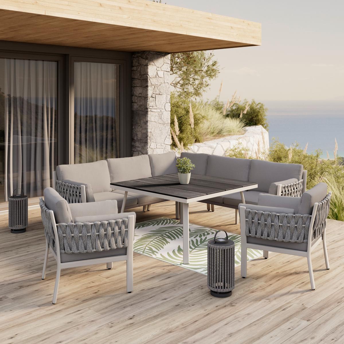 DINING-LOUNGESET ELISA - Weiss/Dunkelgrau, Modern, Kunststoff/Textil (238/74/75cm) - Bessagi Garden