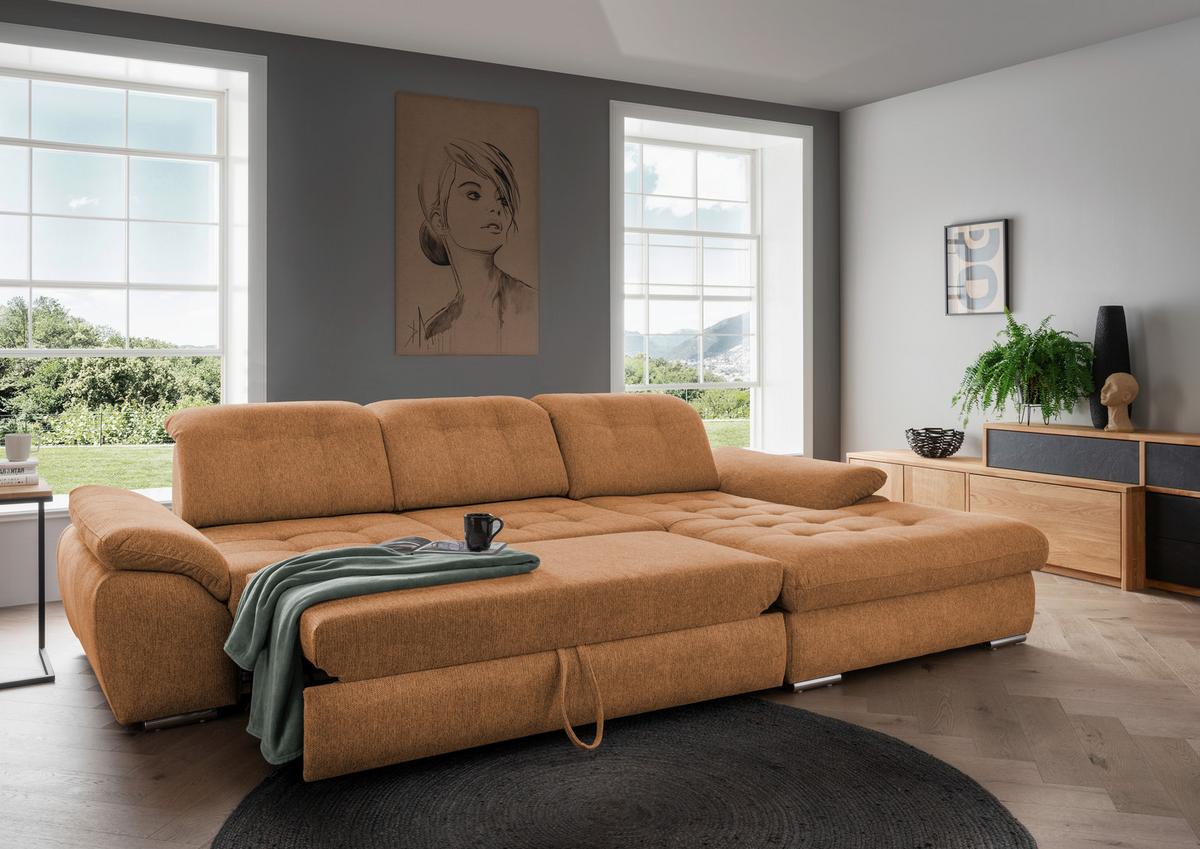 Ecksofa Rigatti mit Bettkasten ca. 314x184 cm Currygelb - Currygelb/Chromfarben, MODERN, Textil/Metall (314/184cm) - Livetastic