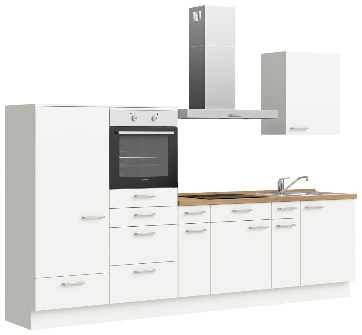 Küchenblock Touch Low m. Geräten Weiß - Edelstahlfarben/Eichefarben, MODERN, Holzwerkstoff/Metall (300cm) - Nobilia