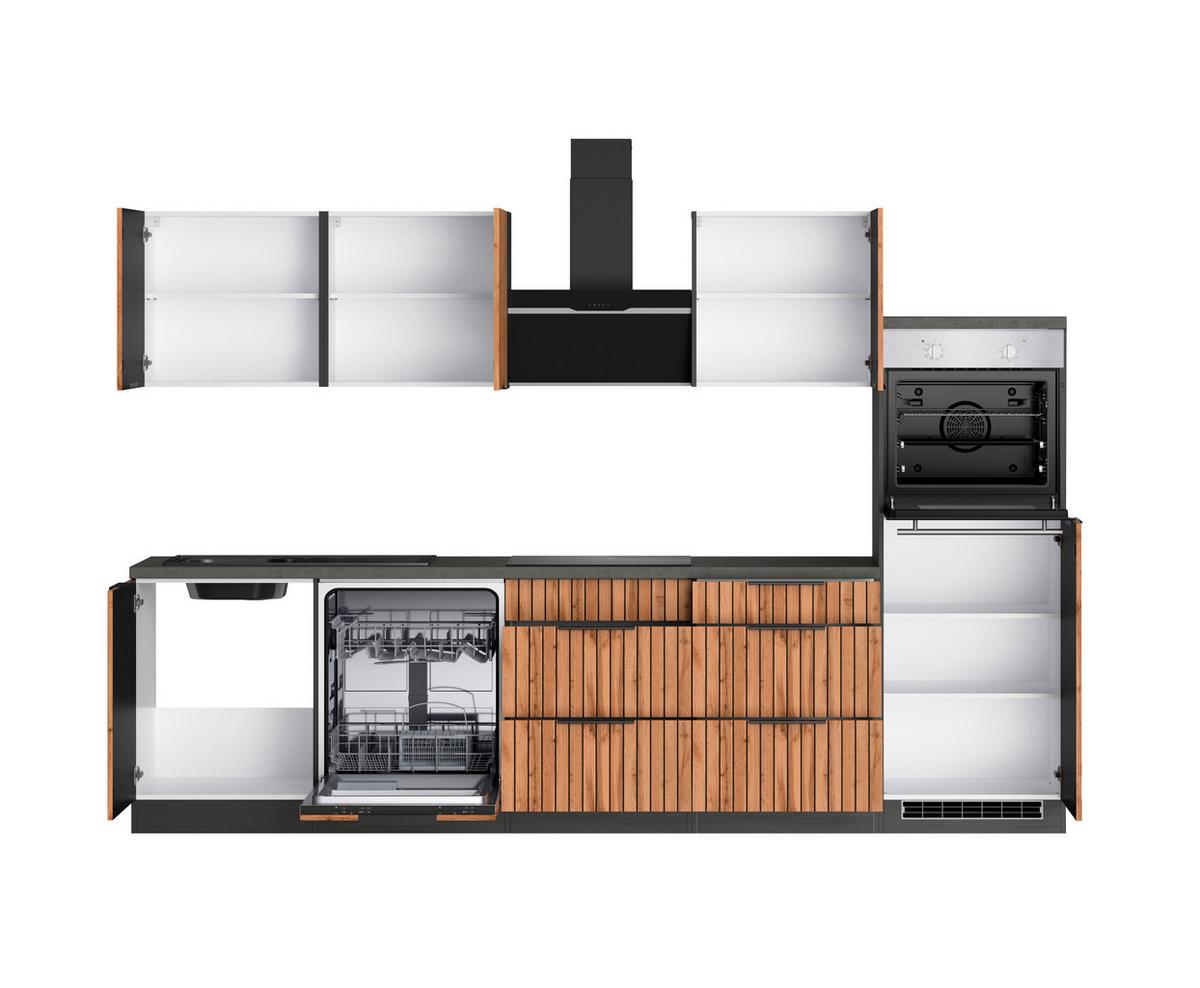 Küchenblock Liverpool m. Geräte Graphit/Eichefarben - Schieferfarben/Eiche Wotan, Basics, Holzwerkstoff/Metall (300cm) - Held