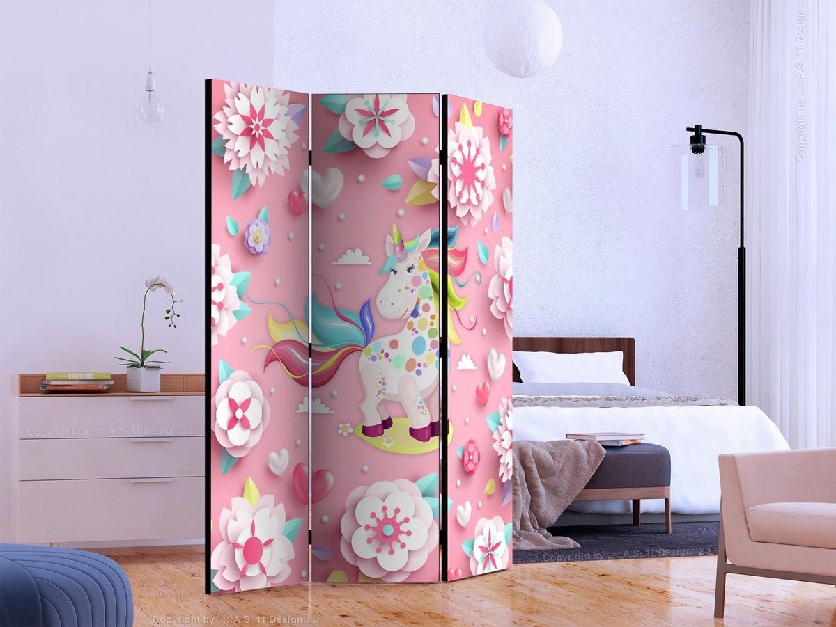 Paravan Unicorn On Flowerbed, 3-Delni, Dvostranski - pink/večbarvno, Basics, tekstil/les (135/172/3cm) - artgeist