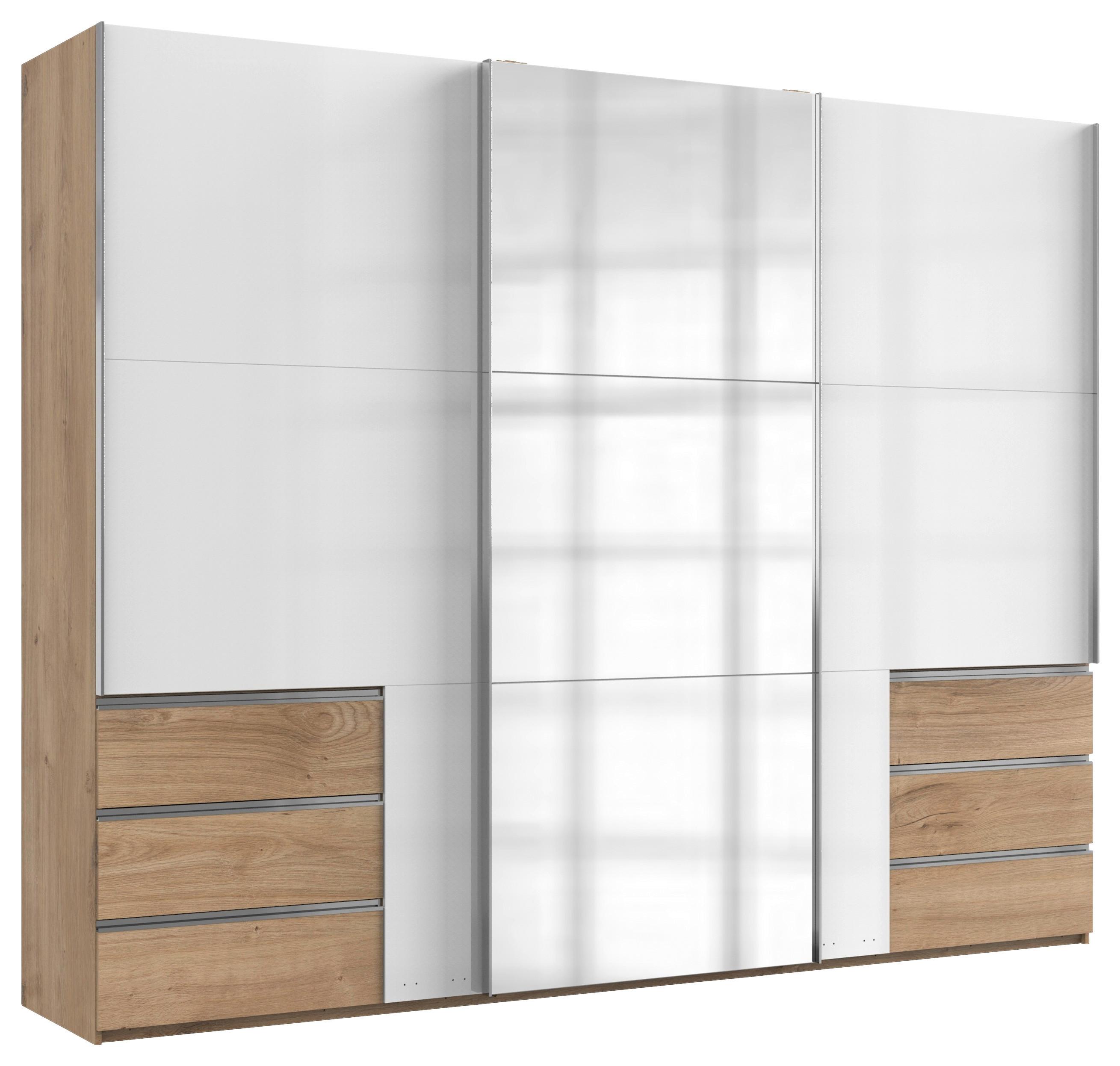 Schwebetürenschrank Level 36D ca. 300 cm Weiß/Eiche Dekor - Chromfarben/Weiß Hochglanz, MODERN, Holzwerkstoff/Metall (300/236/65cm) - MID.YOU