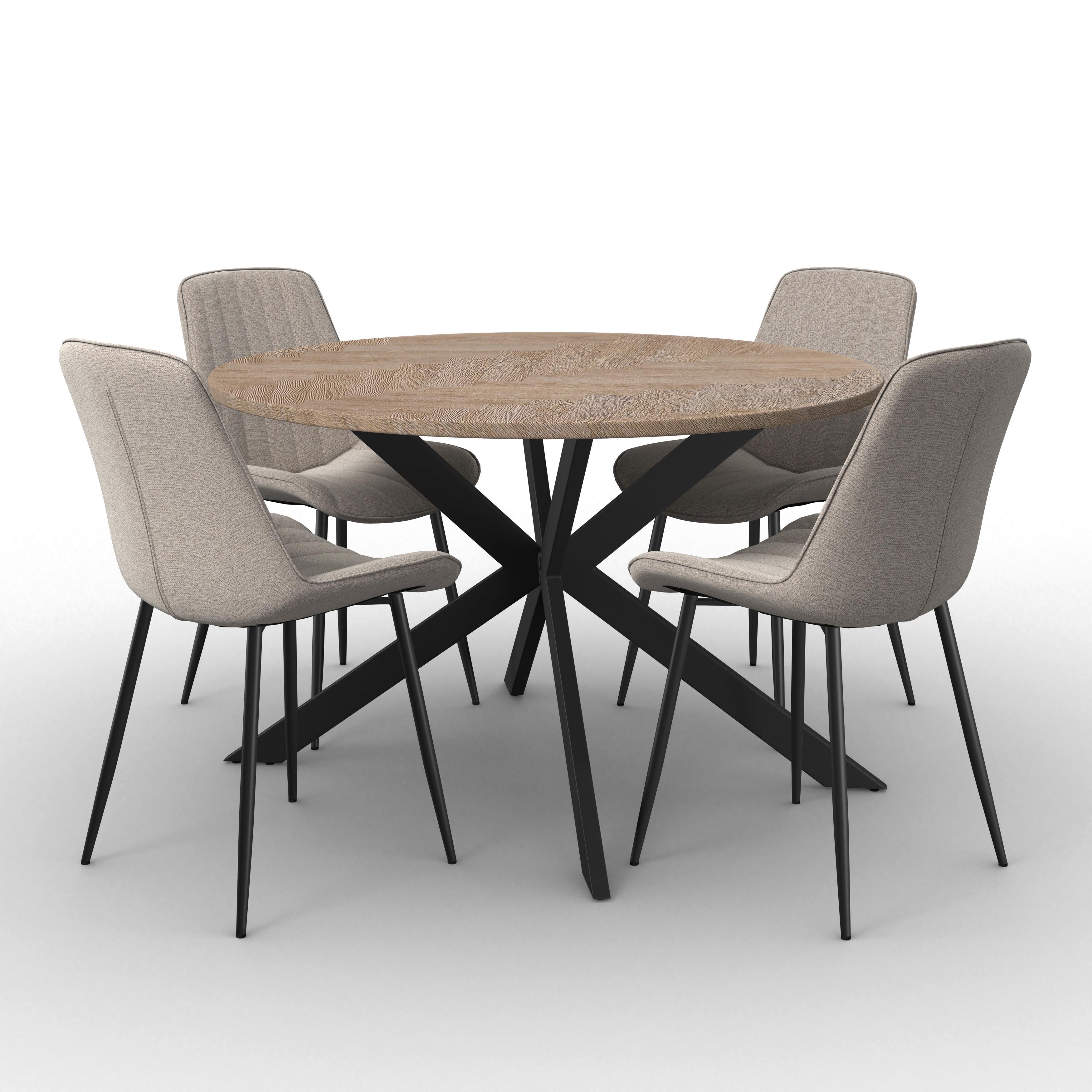 Jedilna Garnitura Eolona, Miza Ø 120cm, 4x Stol - barve lesa evkaliptusa/črna, Moderno, kovina/tekstil - Bessagi Home