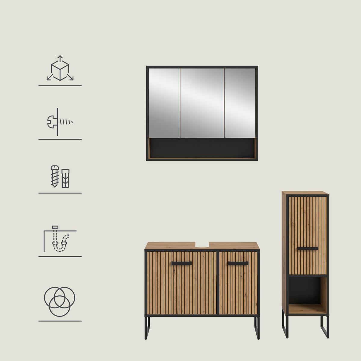 Badezimmer Bagno 3-tlg. Eiche Artisan/Schwarz - Schwarz/Eiche Artisan, Trend, Glas/Holzwerkstoff (110cm) - MID.YOU