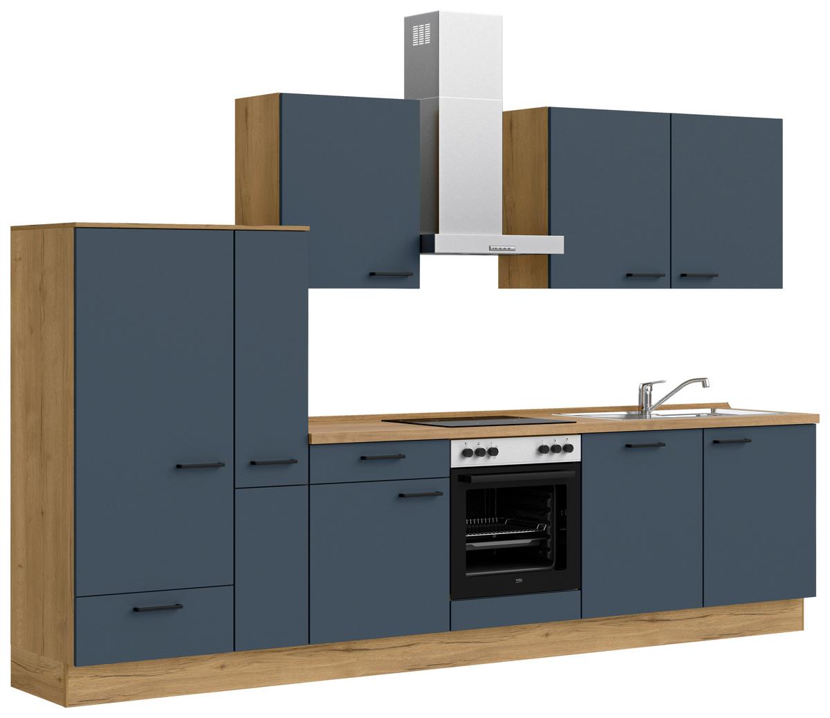 Küchenblock Easytouch Low m. Geräten Dunkelblau - Eichefarben/Schwarz, MODERN, Holzwerkstoff/Metall (330cm) - Nobilia