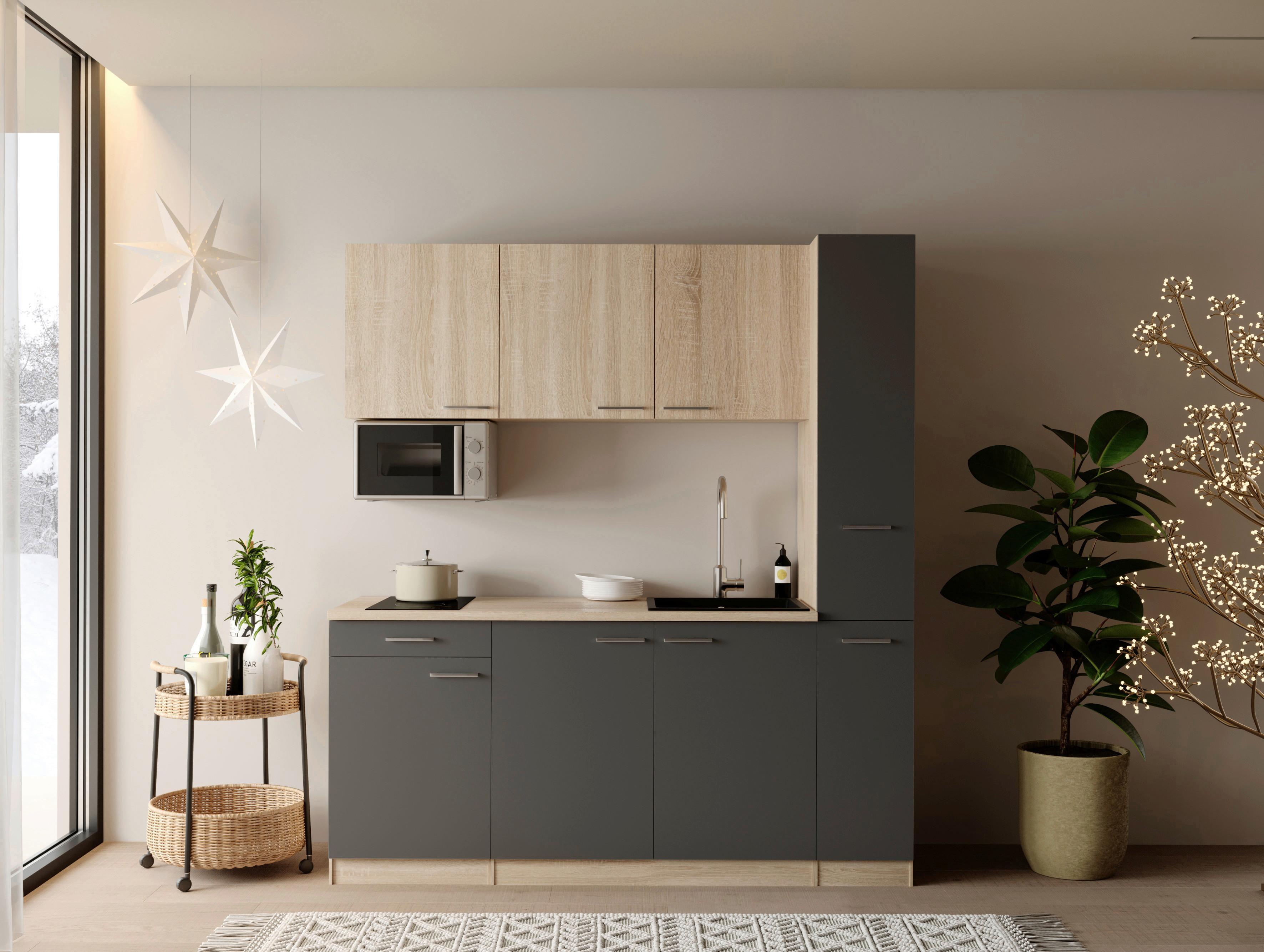 Küchenblock Ingrid m. Geräten Grau - Eichefarben/Alufarben, Design, Holzwerkstoff/Kunststoff (180cm) - Respekta