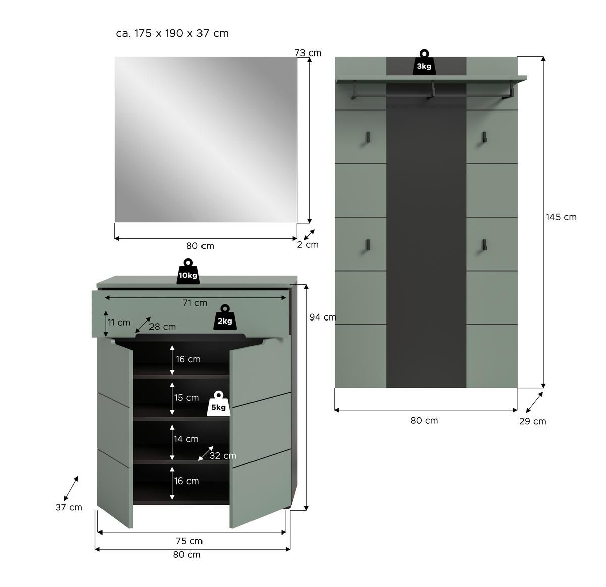 Predsoba Canu, Sivozelena, 3-Delna - siva/sivozelena, Design, leseni material (175/190/37cm) - Livetastic