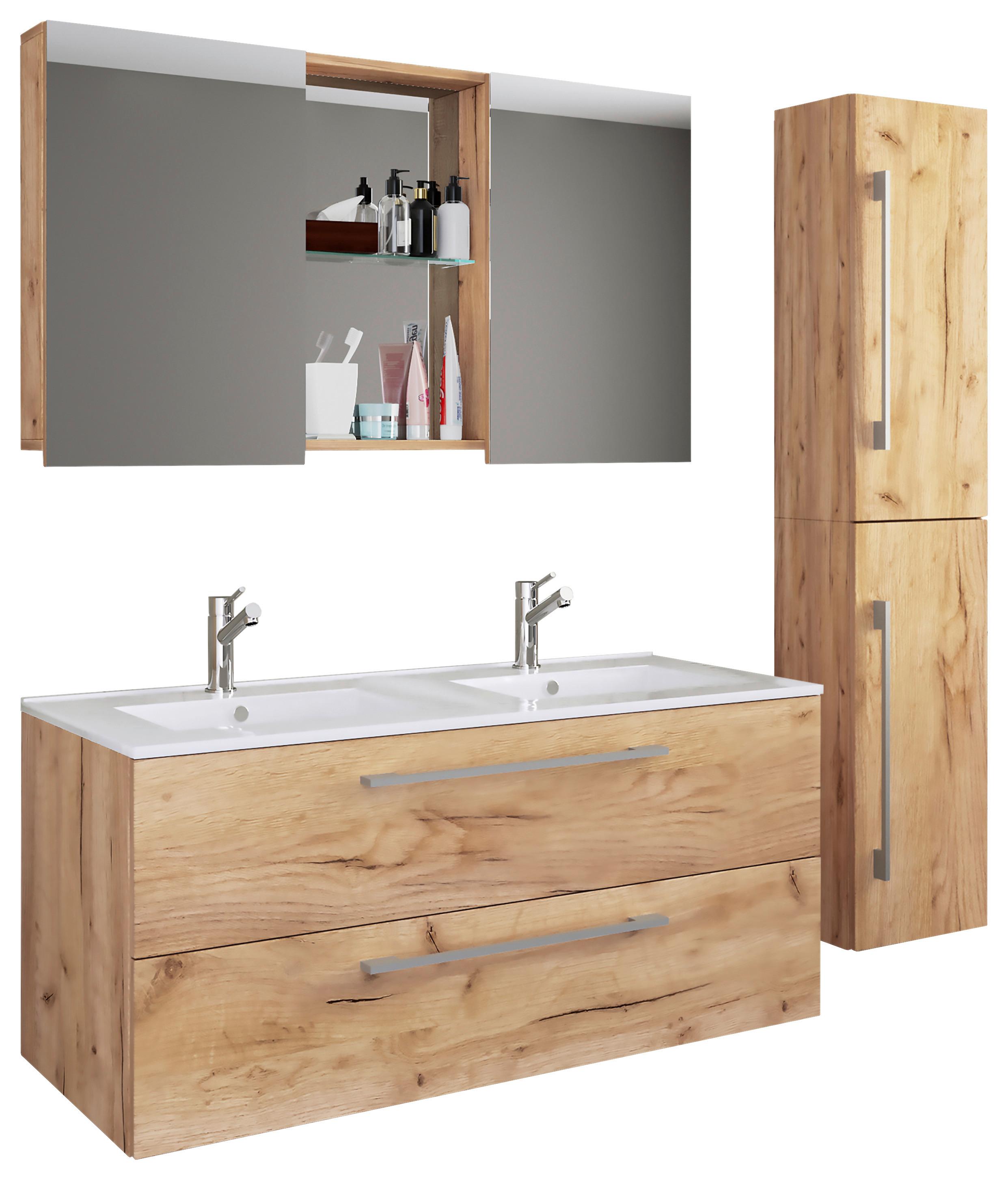 Kopalnica Budasi, Hrast - bela/barve aluminija, Moderno, kovina/leseni material (145cm) - MID.YOU