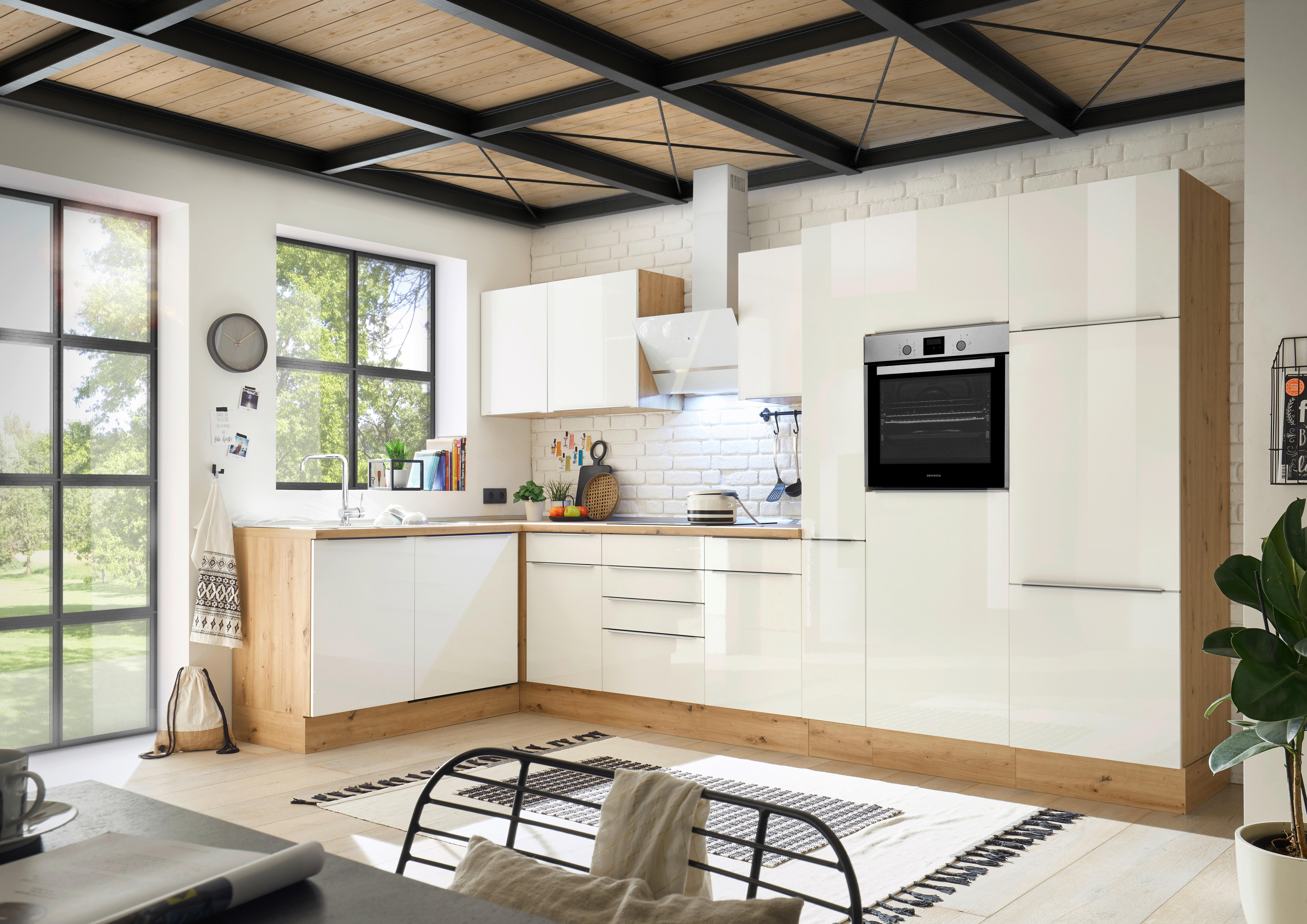 Eckküche Marleen mit Geräten Weiß Hochgl/Eiche ca.370x170cm - Weiß Hochglanz/Alufarben, LIFESTYLE, Holzwerkstoff/Kunststoff (170/370cm) - Respekta