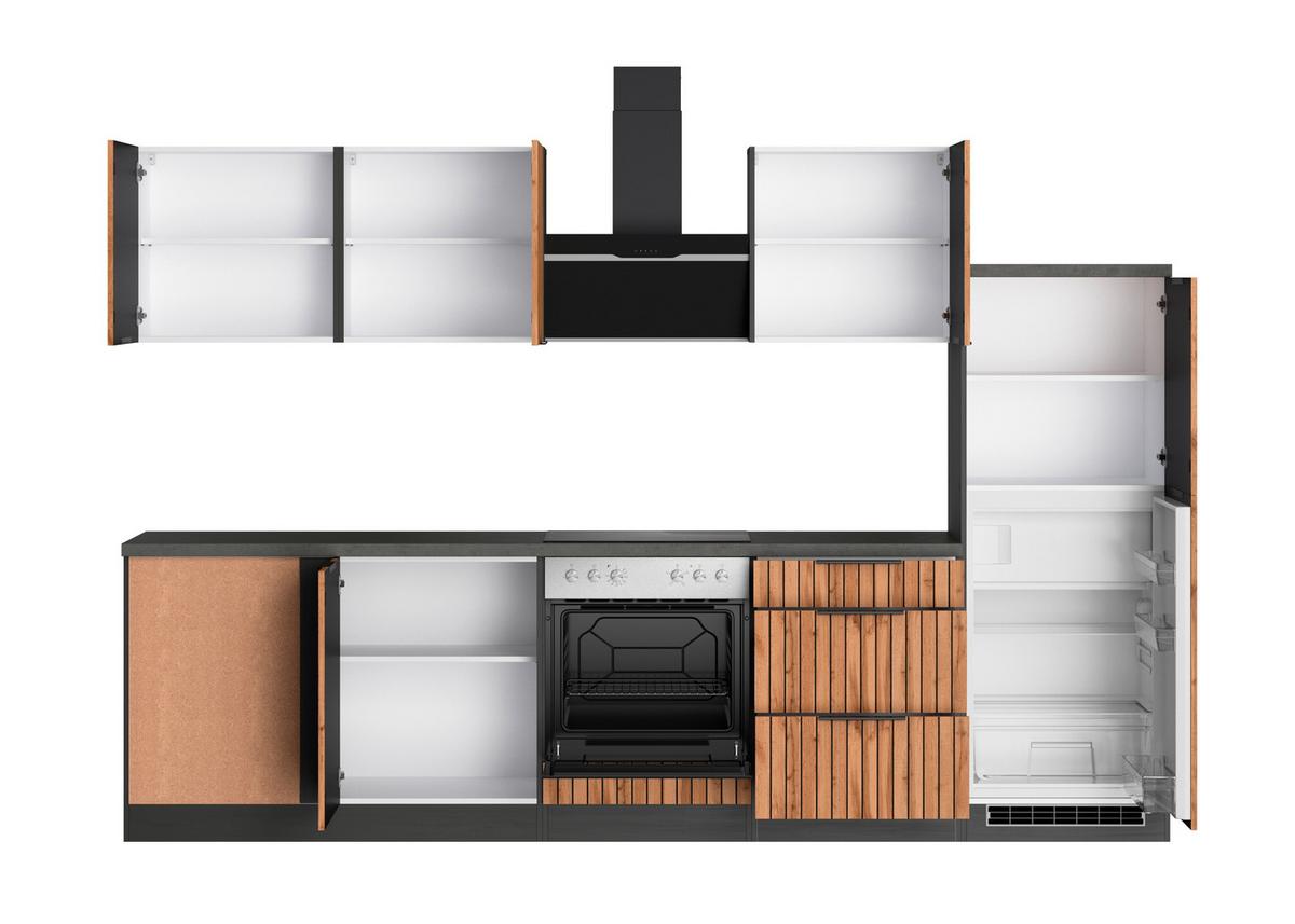 Eckküche Liverpool m. Geräte ca. 300x240cm Graphit/Eiche - Schieferfarben/Eiche Wotan, Basics, Holzwerkstoff/Metall (300/240cm) - Held