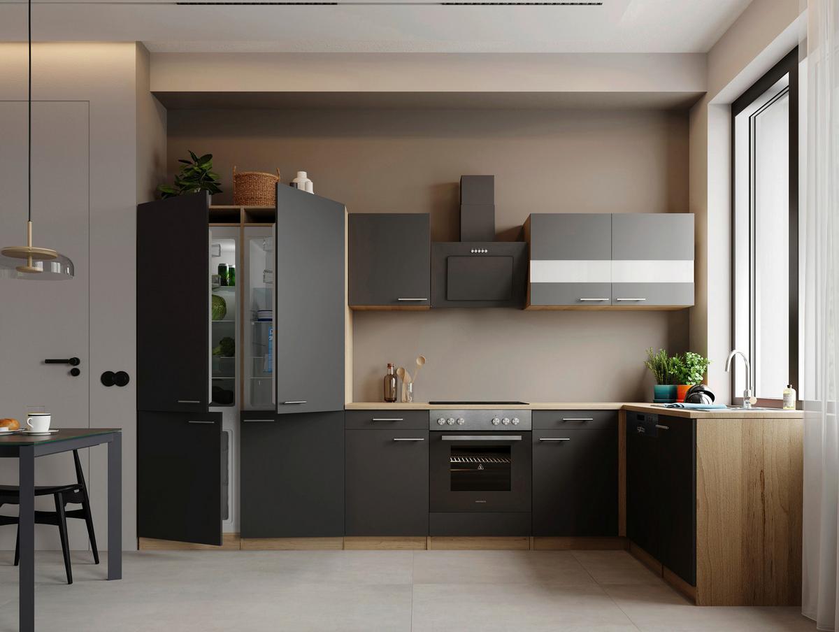 Eckküche Merle m. Geräten ca. 340x172cm Grau - Edelstahlfarben/Eichefarben, Trend, Holzwerkstoff/Metall (340/172cm) - Respekta