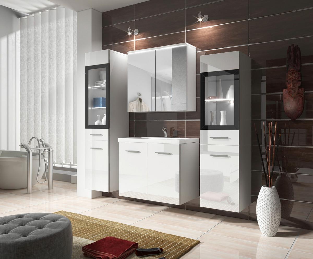 Badmöbel-Set 5-tlg. Madrit mit LED ca. 120 cm Weiss - Weiß Hochglanz/Weiß, Basics, Glas/Holzwerkstoff (120cm) - P & B