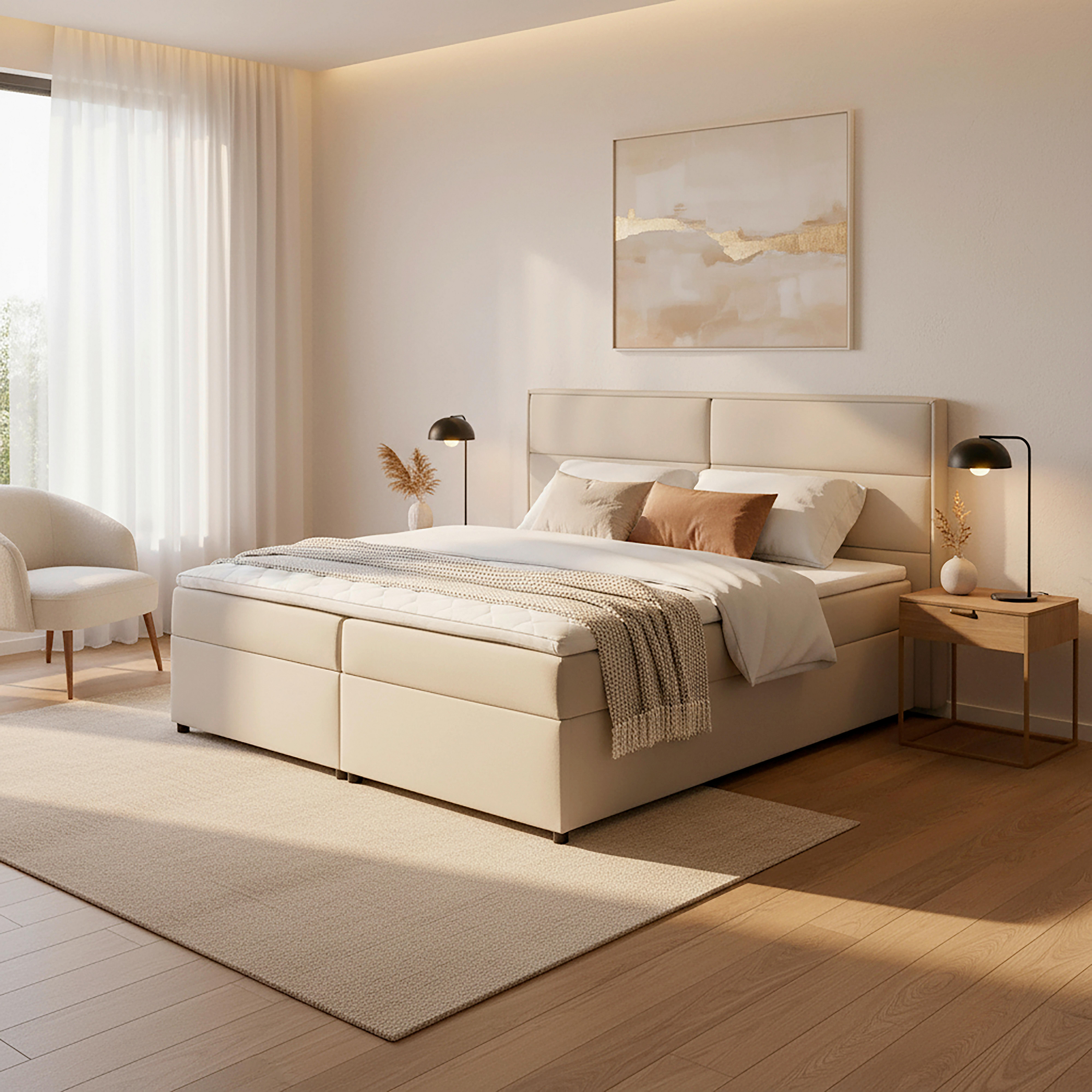 Postelja Boxspring Kiara, Bež, Z Nadvložkom, 180x200 - črna/bež, Moderno, kovina/tekstil (180/200cm) - Bessagi Home