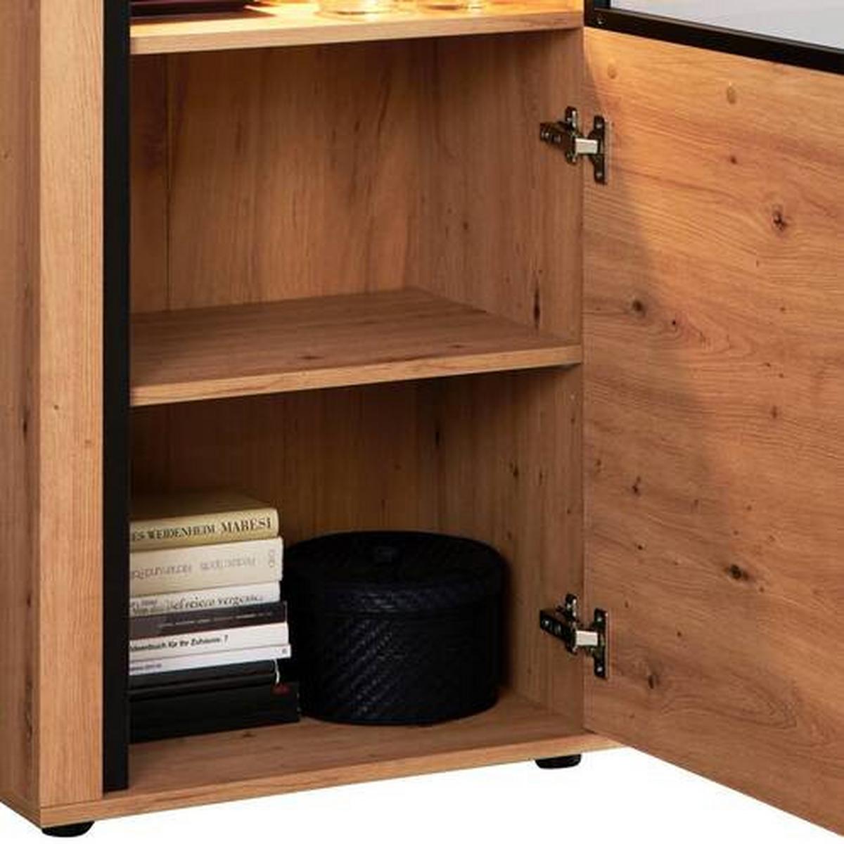 Vitrina Nyon - boje hrasta/crna, Moderno, staklo/drvni materijal (56,8/200,1/40,5cm) - Modern Living