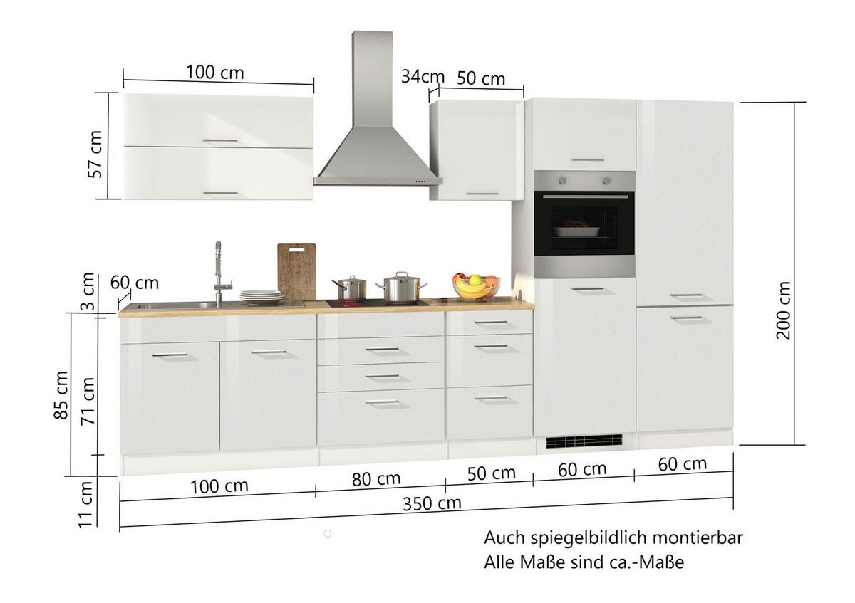 Küchenblock Mailand m. Geräten Weiß Hochglanz - Weiß Hochglanz/Silberfarben, MODERN, Holzwerkstoff/Metall (350cm) - Held