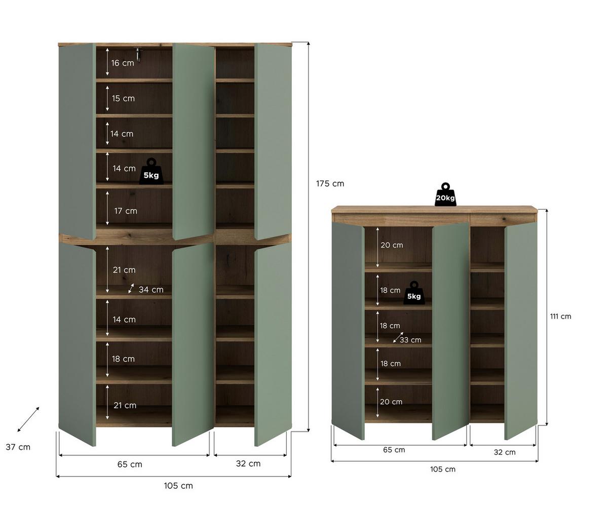 Garderobenschrank Scarpa Graugrün/Eiche - Eichefarben/Schwarz, Design, Holzwerkstoff/Kunststoff (235/175/37cm) - Livetastic