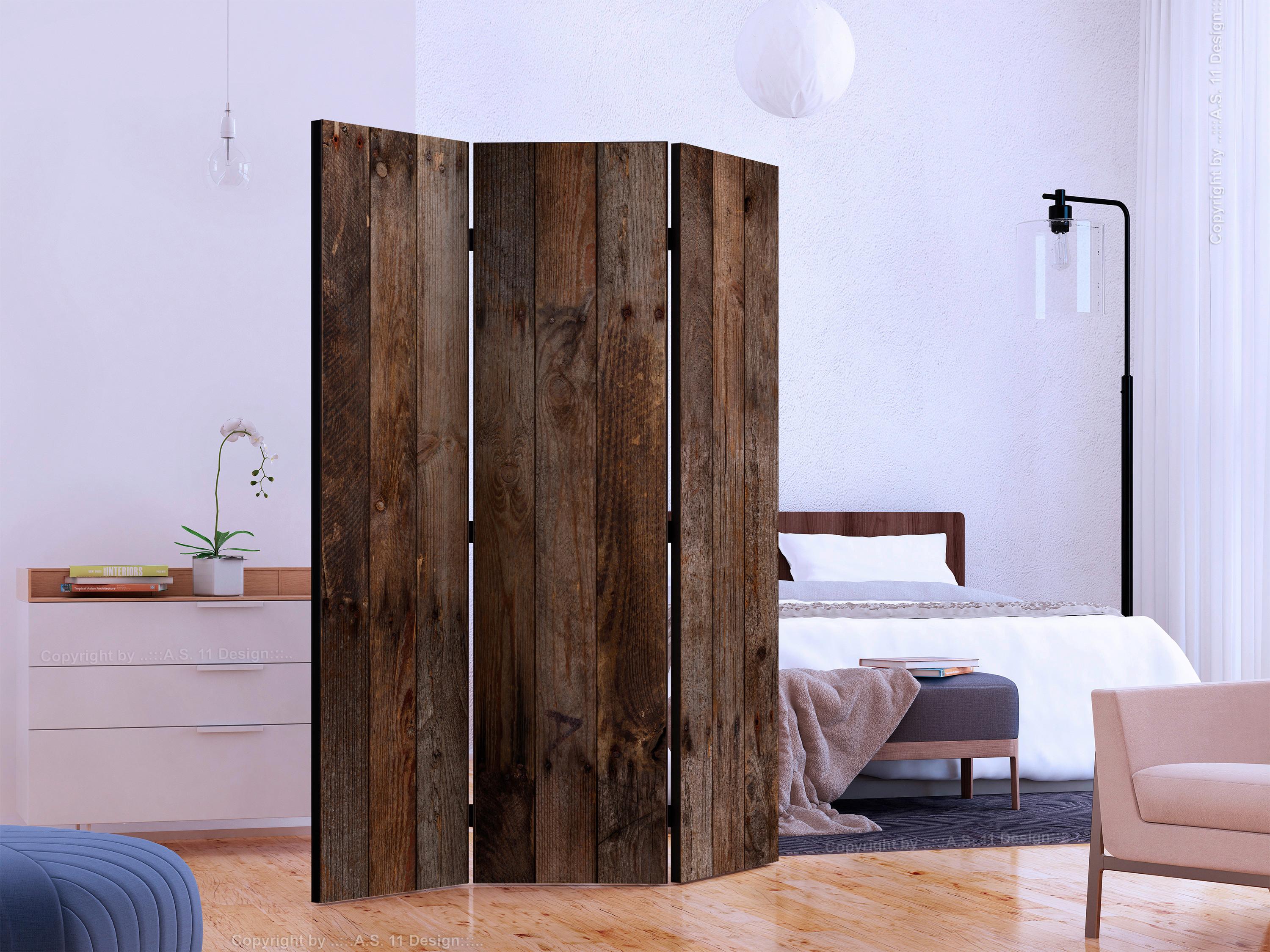 Paravan Wooden Hut, 3-Delni, Enostranski - barve kapučina/rjava, Basics, tekstil/les (135/172/3cm) - artgeist