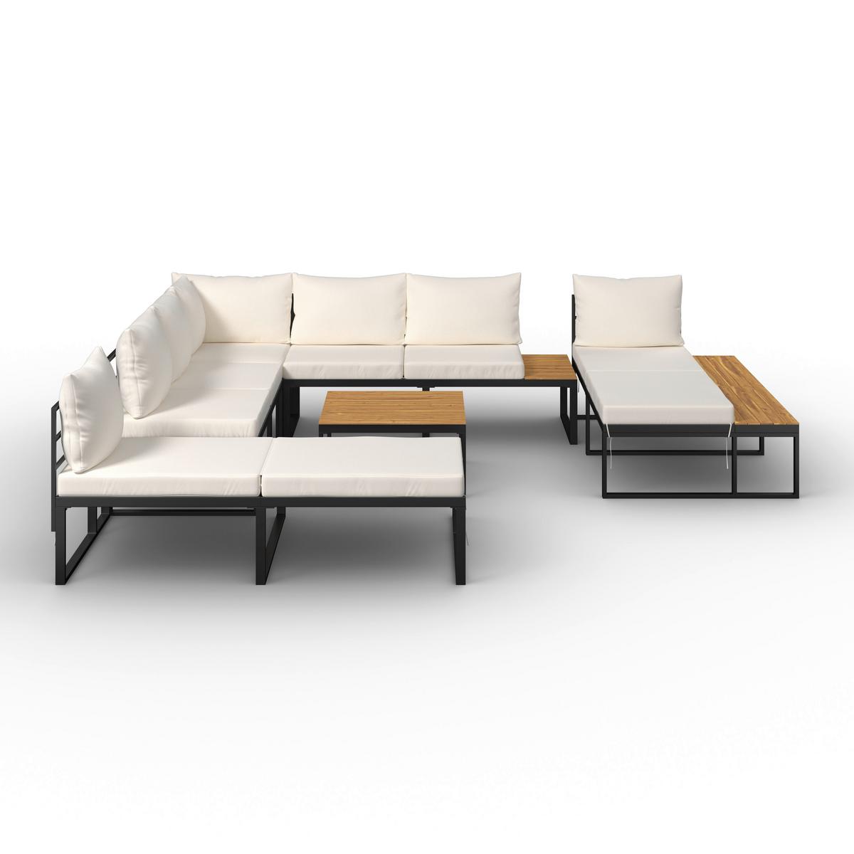 Loungegarnitur Adriano Creme Akazie/Metall/Outdoorstoff - Creme/Schwarz, MODERN, Holz/Textil - Bessagi Garden