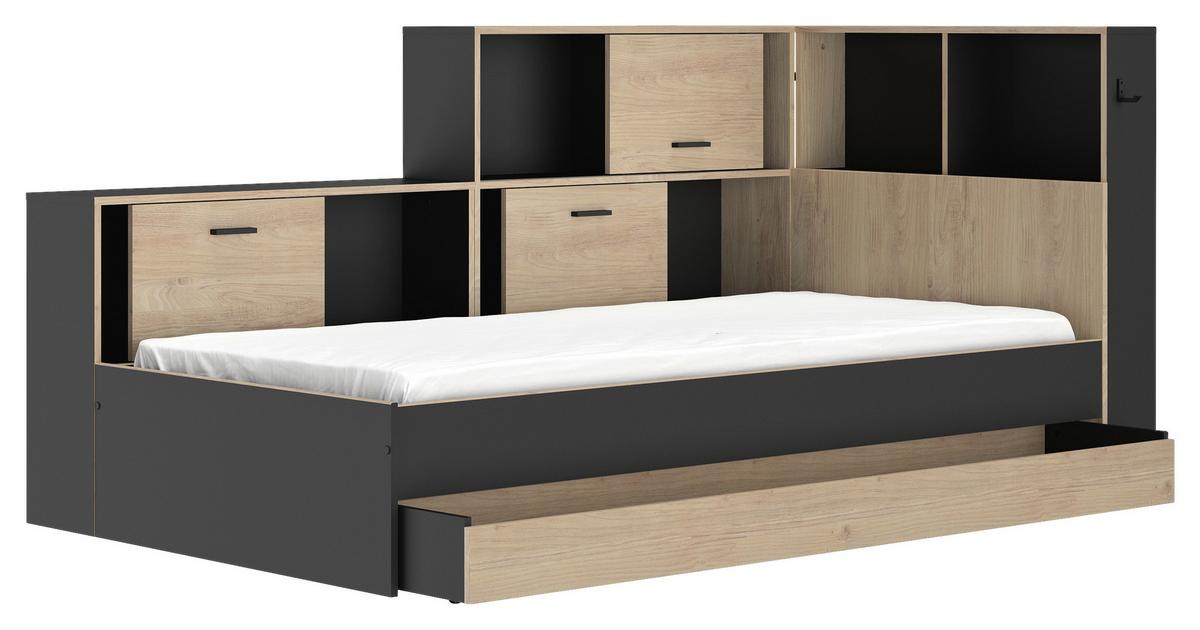 Postelja S Predalom Erwan, Črna, Barva Kostanja, 90x200cm - črna/barve kostanja, Moderno, leseni material (90/200cm) - MID.YOU