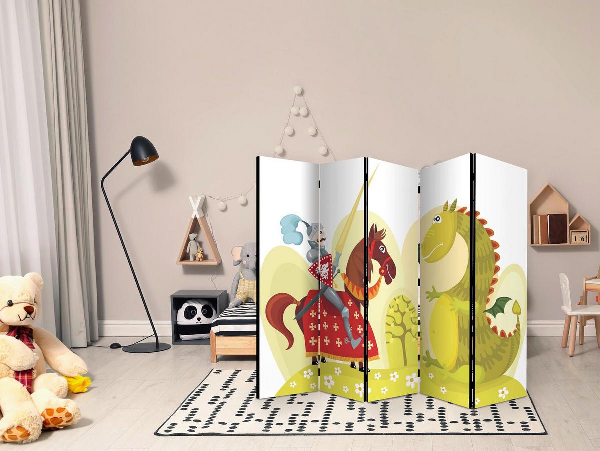 Paravan Dragon And Knight I, 5-Delni, Dvostranski - večbarvno/svetlo zelena, Basics, tekstil/les (225/172/3cm) - artgeist