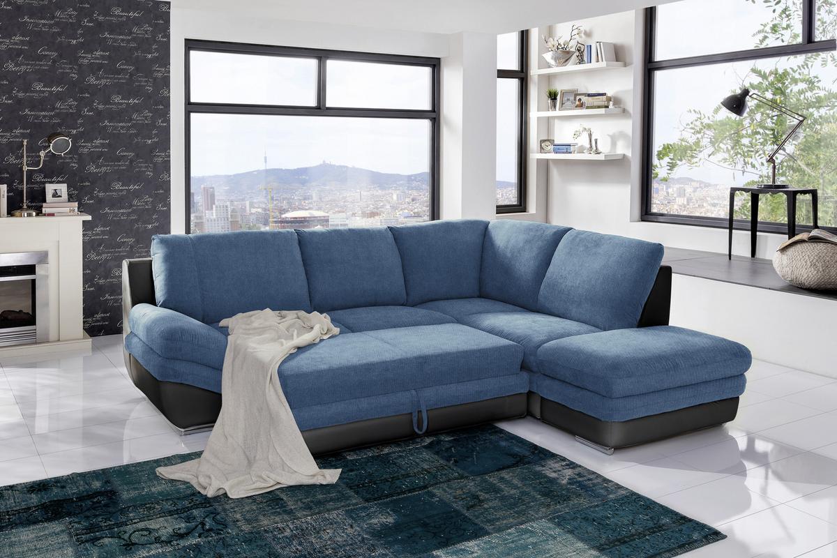 Wohnlandschaft in Blau/Schwarz ´NARDO´ - Blau/Chromfarben, MODERN, Textil/Metall (264/221cm) - MID.YOU