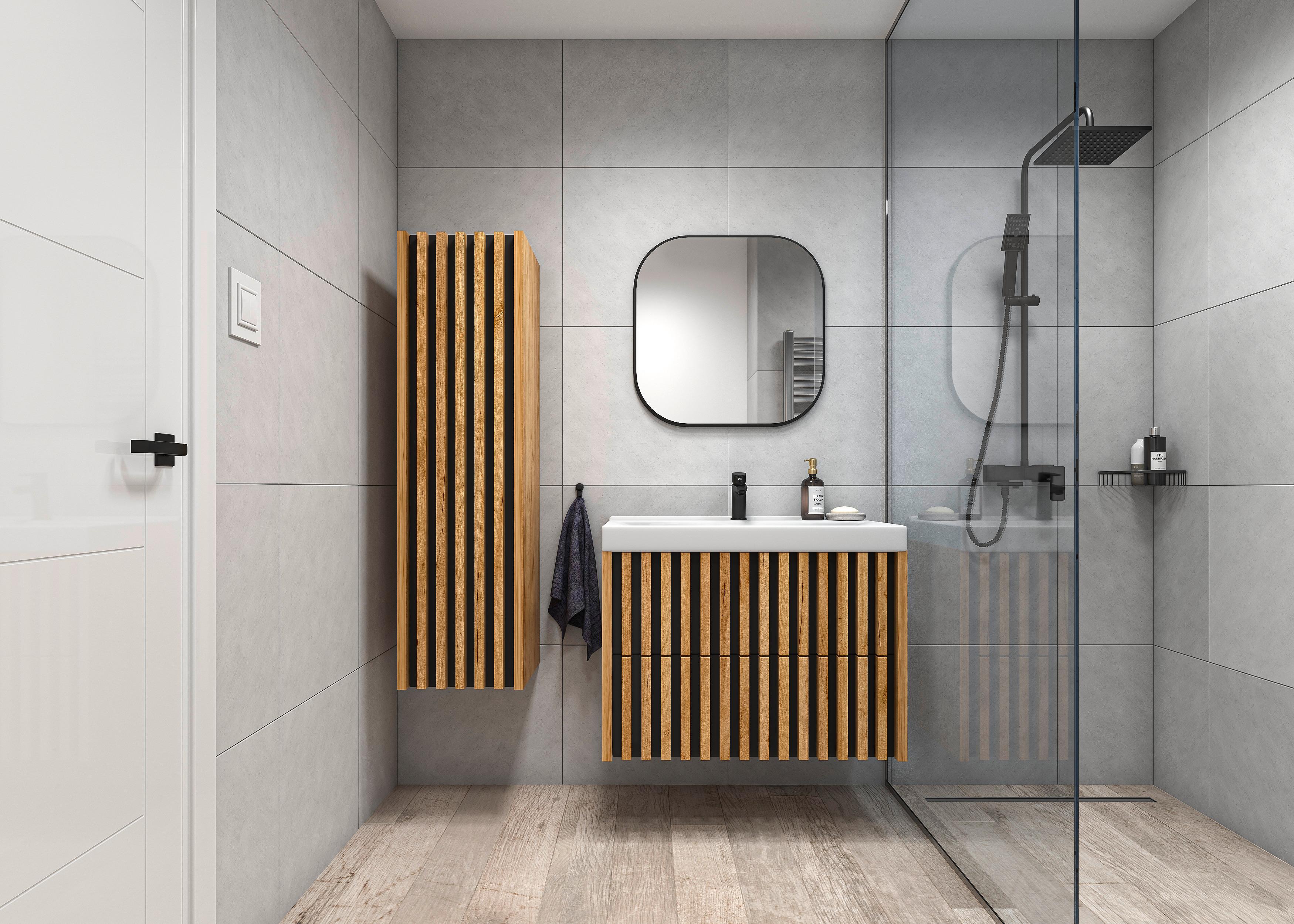Bază cu lavoar Line - alb/culoare lemn stejar, Modern, ceramică/material pe bază de lemn (81cm) - Welnova
