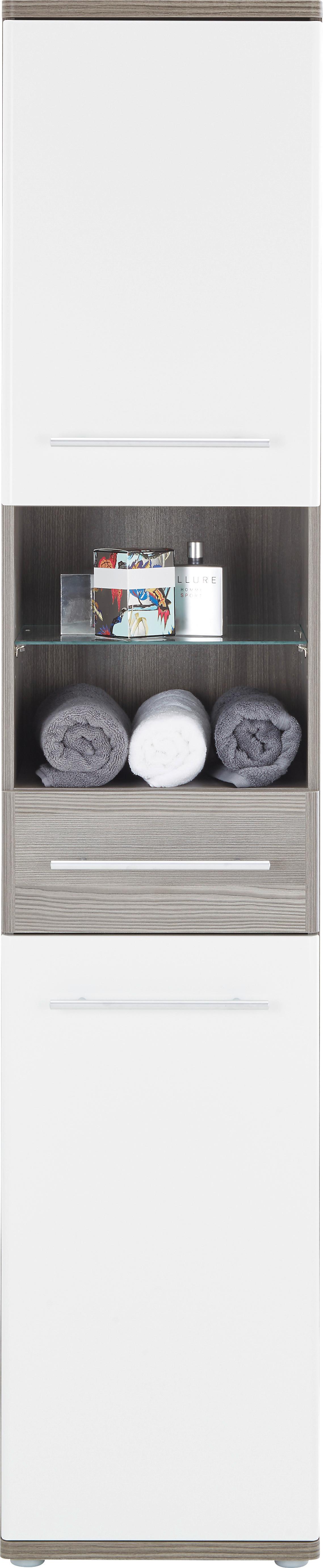 Hochschrank Weiß/Braun - Dunkelbraun/Alufarben, KONVENTIONELL, Glas/Holzwerkstoff (40/195cm) - Mömax