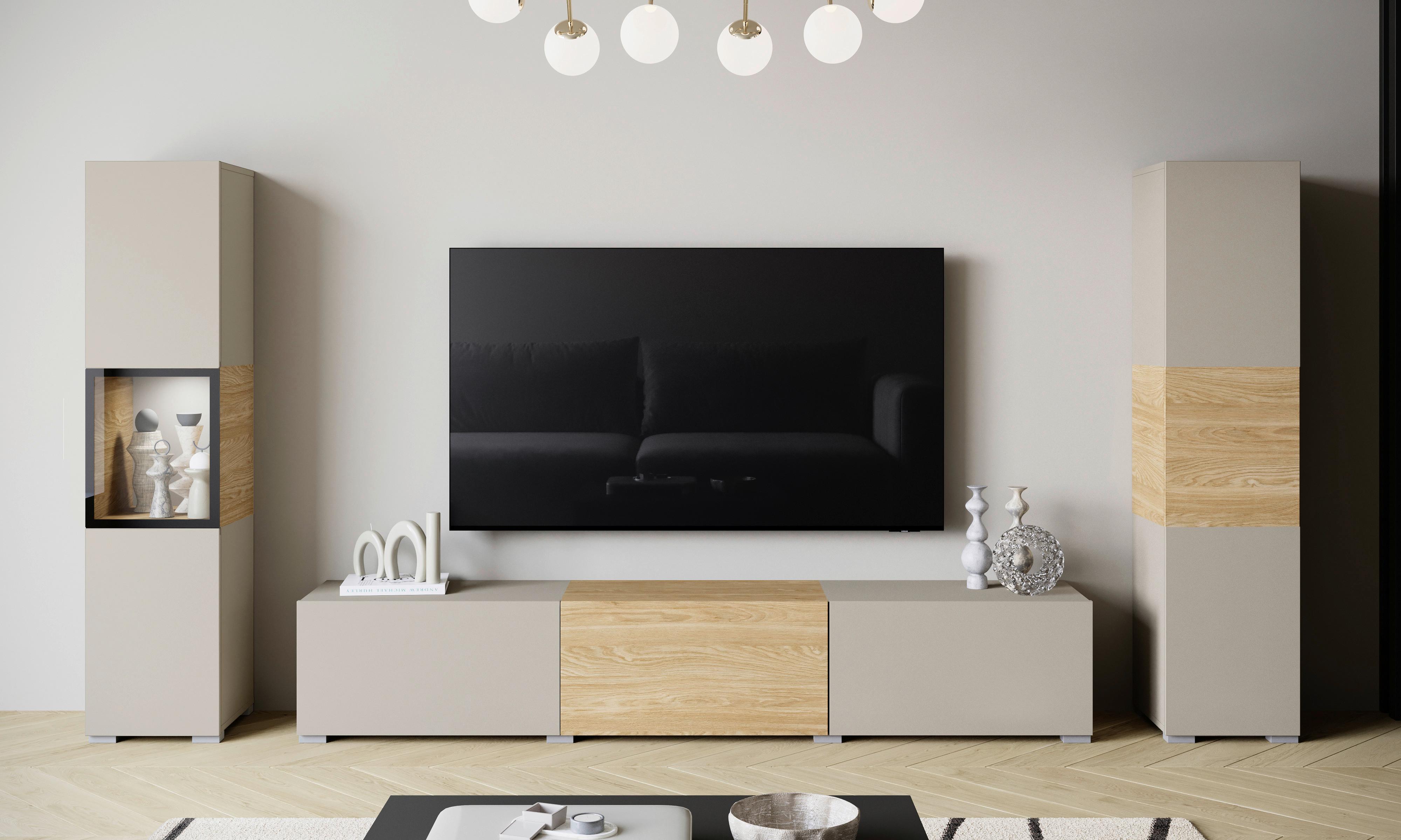 Wohnwand mit LED Berlin III Kaschmir/Eichefarben - Kaschmir/Eichefarben, Design, Glas/Holzwerkstoff (240/130/31cm) - P & B
