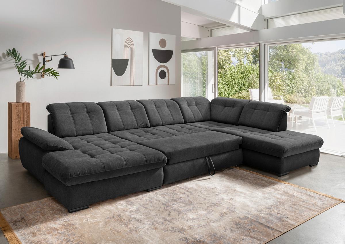 Wohnlandschaft Rigatti Anthrazit Chenille Bettkasten - Anthrazit/Schwarz, MODERN, Textil/Metall (184/387/252cm) - Livetastic