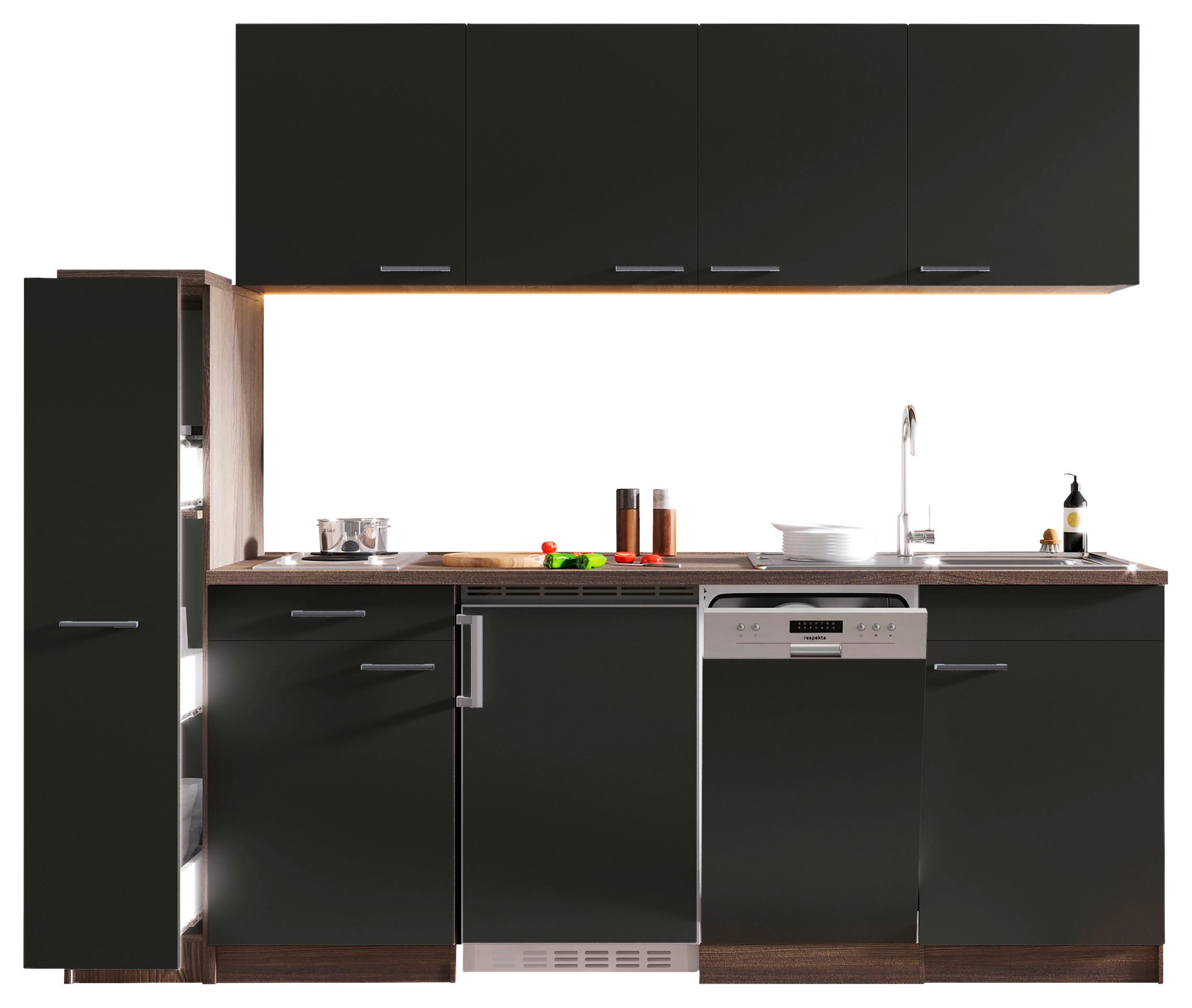 Küchenblock Oliver mit Geräten ca. 225 cm Grau - Eichefarben/Alufarben, Basics, Holzwerkstoff/Kunststoff (225cm) - Respekta