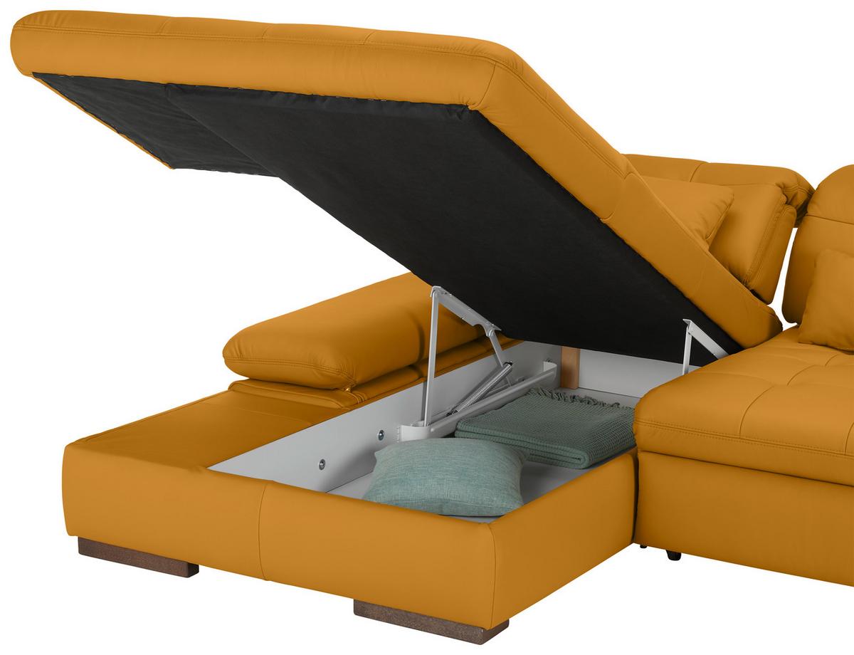 Wohnlandschaft Sanfino Leder Gelb - Chromfarben/Gelb, KONVENTIONELL, Leder/Metall (199/79-96/305cm) - Premium Living