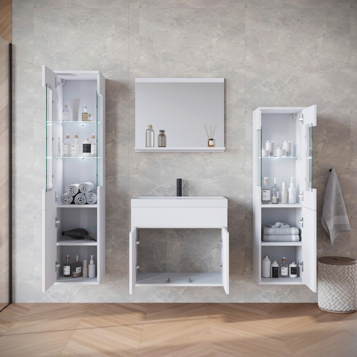 Badezimmer-Set Narobi 5-tlg. mit LED ca. 120 cm Weiß - Weiß Hochglanz/Weiß, Trend, Glas/Keramik (120,4cm) - P & B