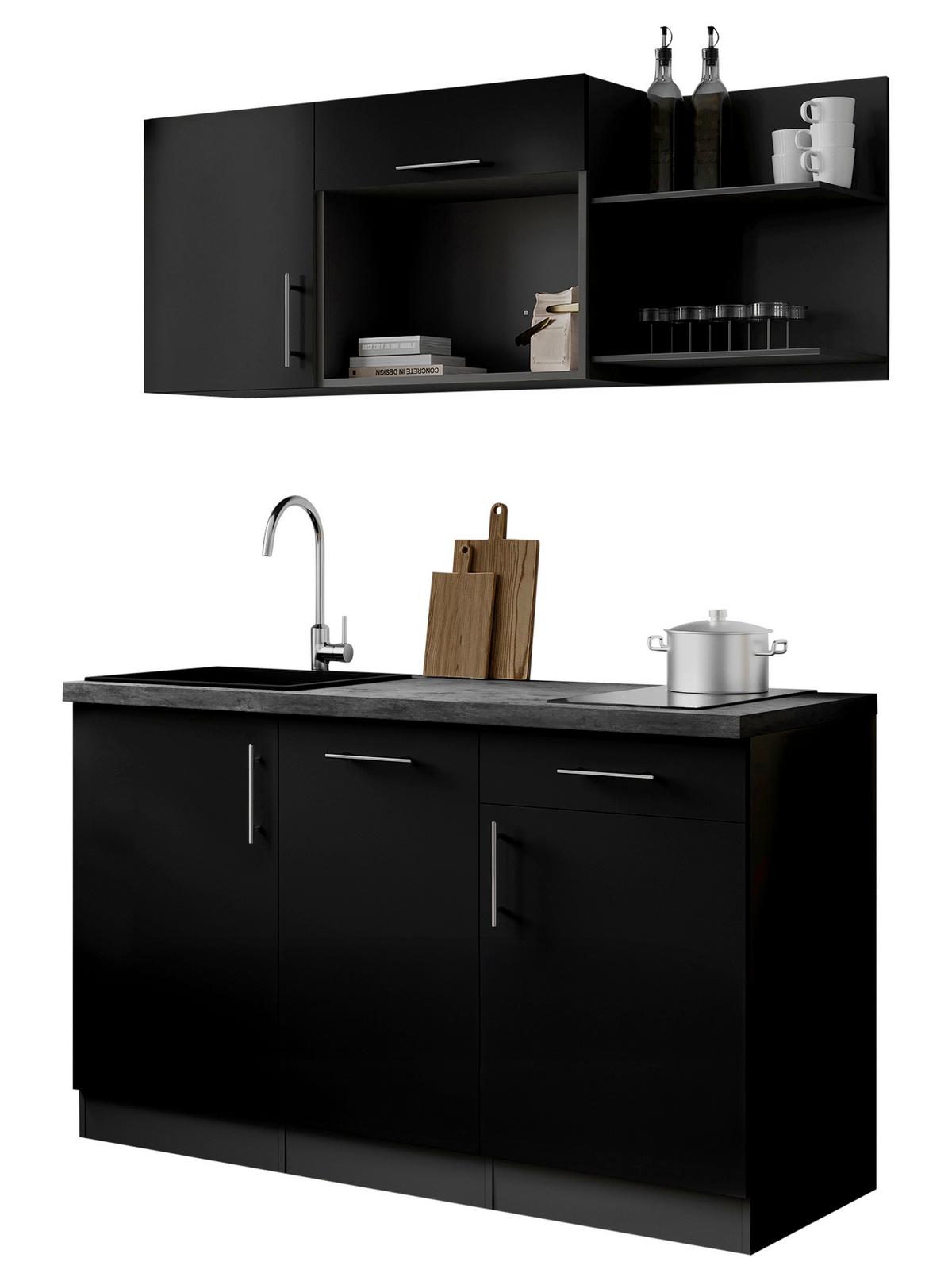 Miniküche Oliver m. Geräten ca. 145cm Schwarz - Schwarz/Grau, Trend, Holzwerkstoff/Metall (145cm) - Respekta
